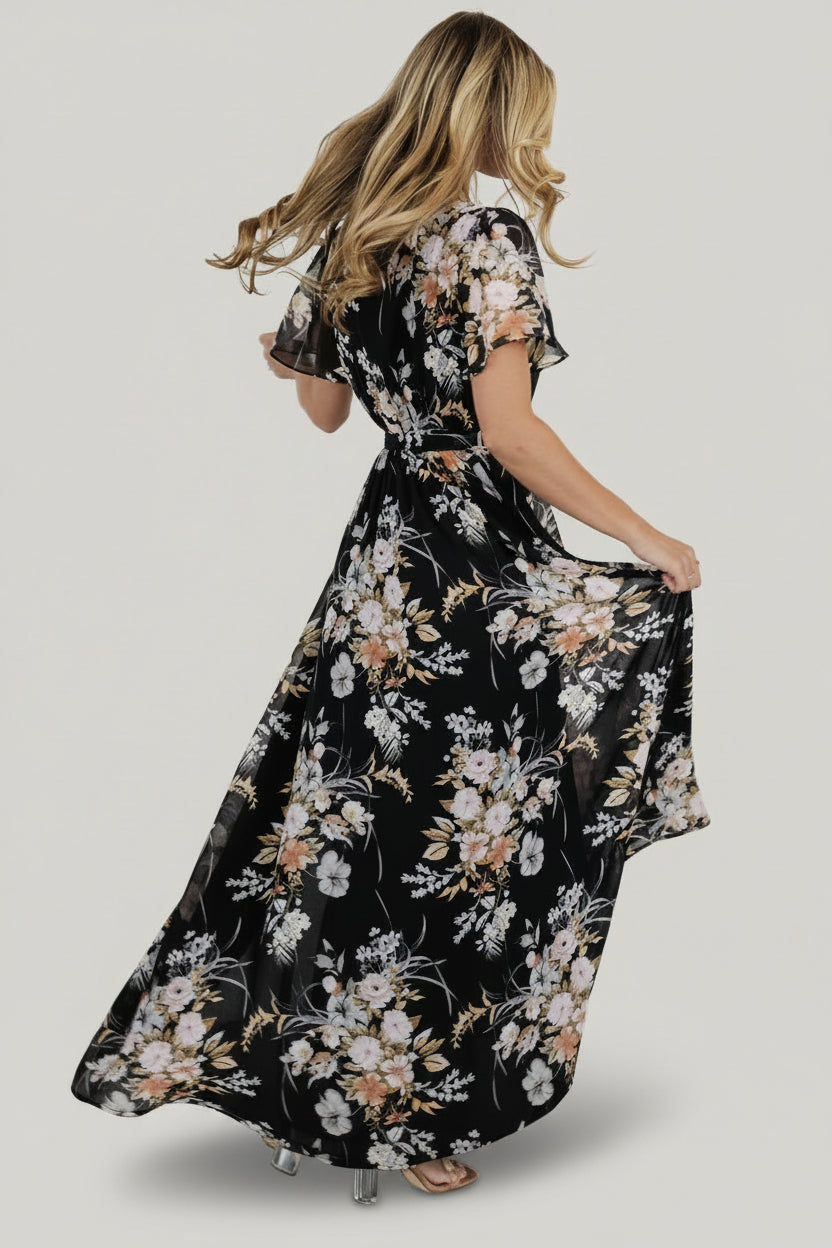 Naomi Short Sleeve Maxi Dress | Black Floral
