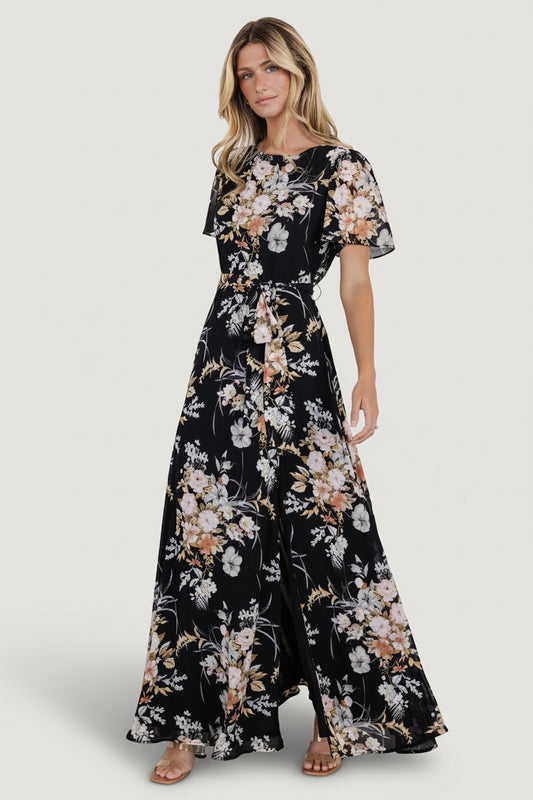 Naomi Short Sleeve Maxi Dress | Black Floral