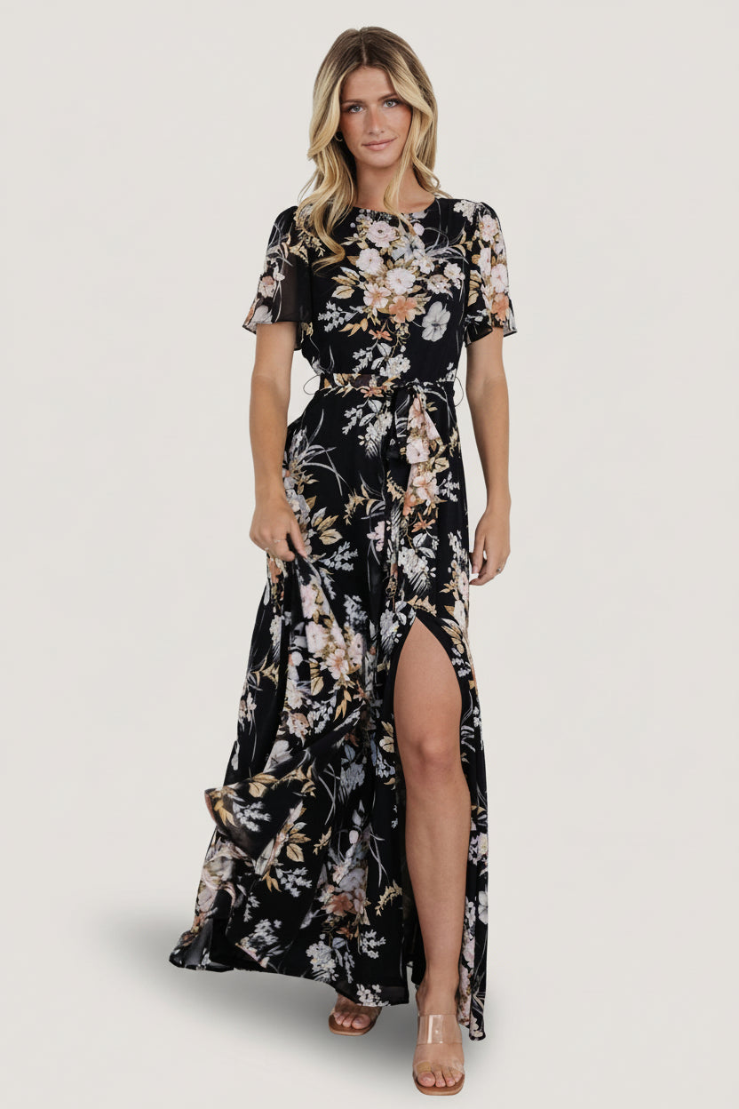 Naomi Short Sleeve Maxi Dress | Black Floral