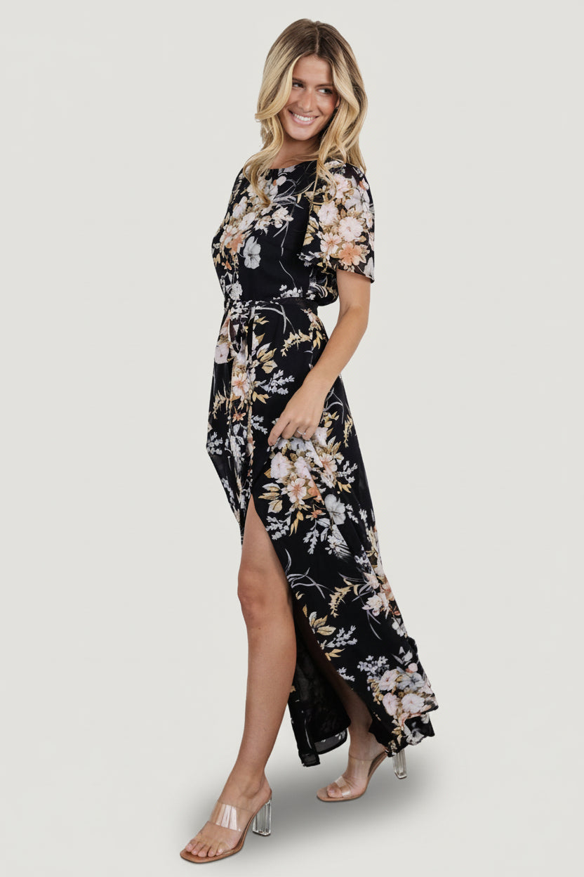 Naomi Short Sleeve Maxi Dress, Black Floral | Baltic Born S Naomi Short Sleeve Maxi Dress, Black Floral | Baltic Born S