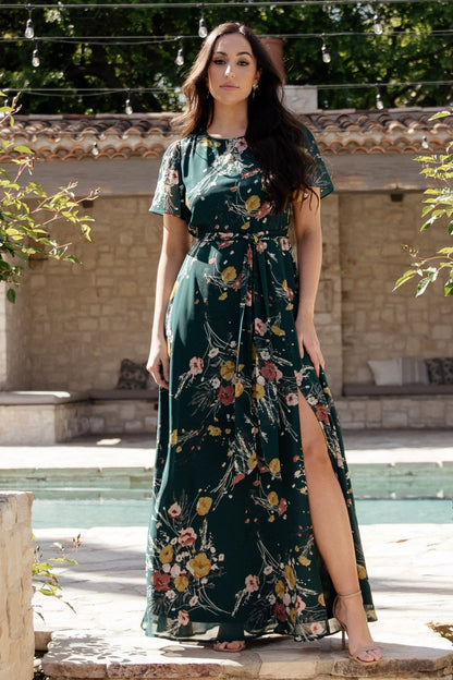 Naomi Short Sleeve Maxi Dress | Dark Green Floral - Baltic Born