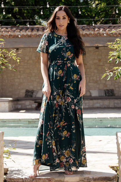 Naomi Short Sleeve Maxi Dress | Dark Green Floral - Baltic Born