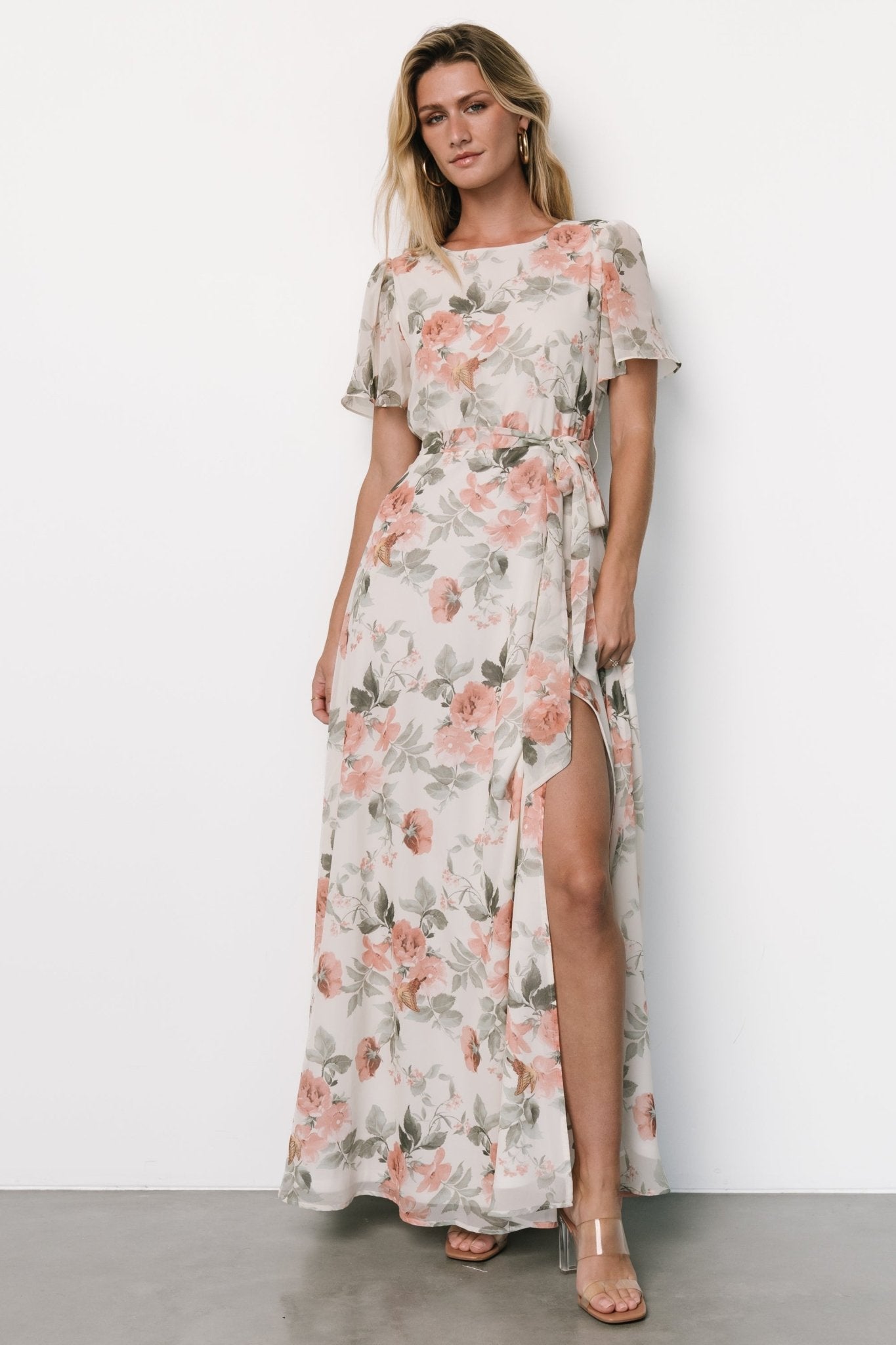 Naomi Short Sleeve Maxi Dress | Ivory + Coral Floral - Baltic Born