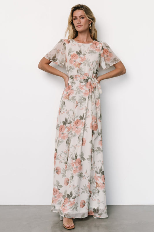 Naomi Short Sleeve Maxi Dress | Ivory + Coral Floral - Baltic Born