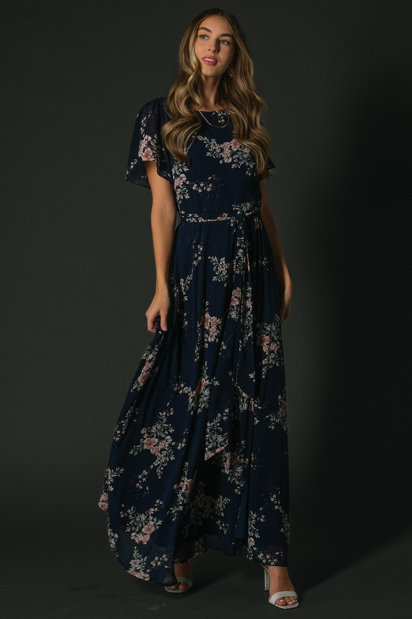 Naomi Short Sleeve Maxi Dress Navy Floral - Main Image