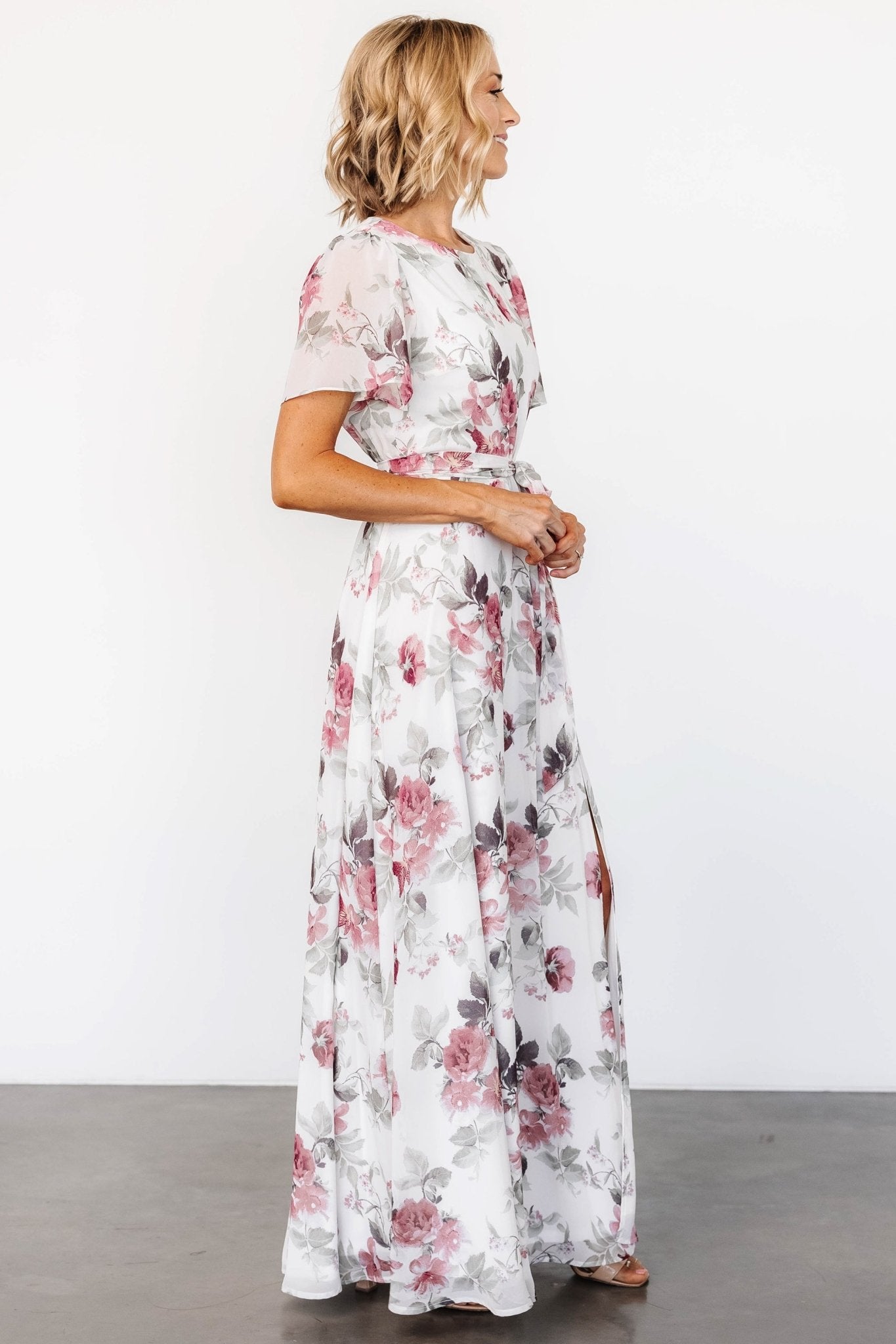 Naomi Short Sleeve Maxi Dress | Off White + Rose Floral - Baltic Born