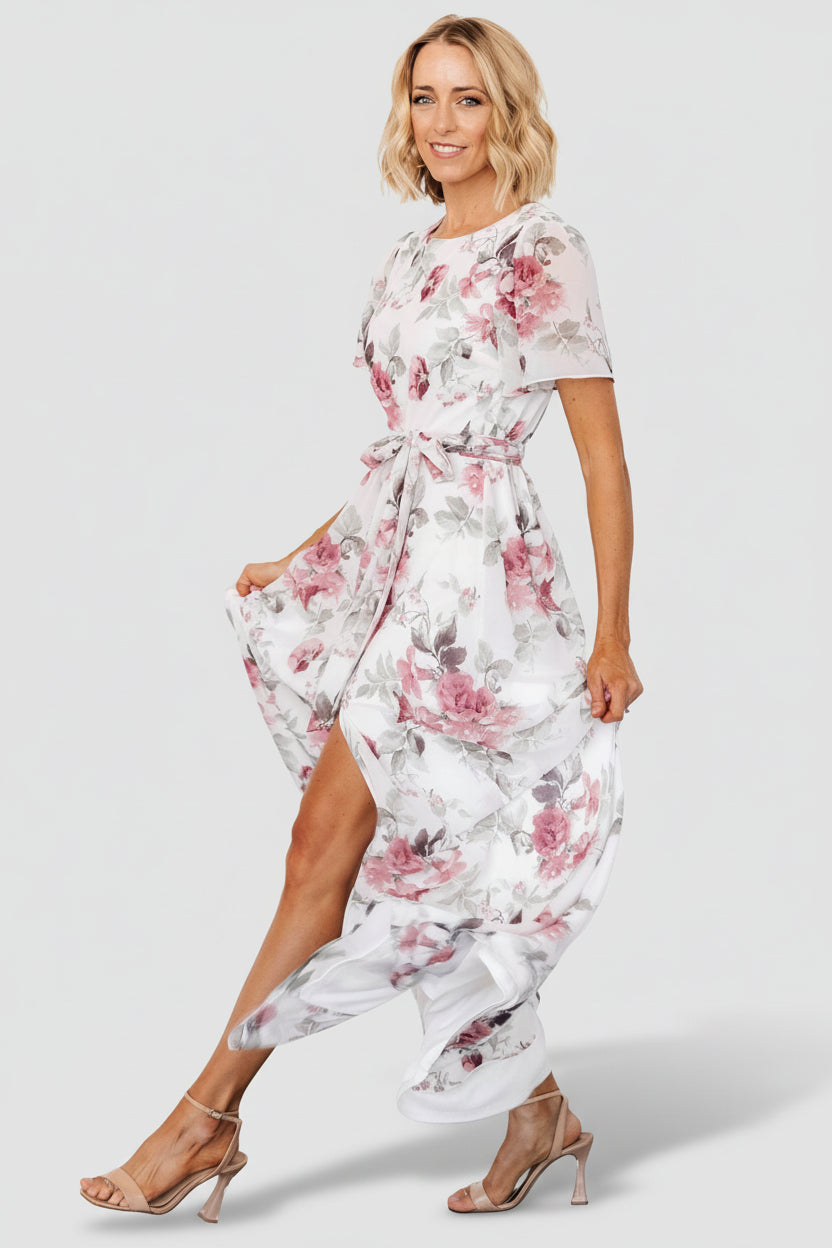 white rose maxi dress Rose Garden Tiered Ruffle Floral Trim Maxi Dress White