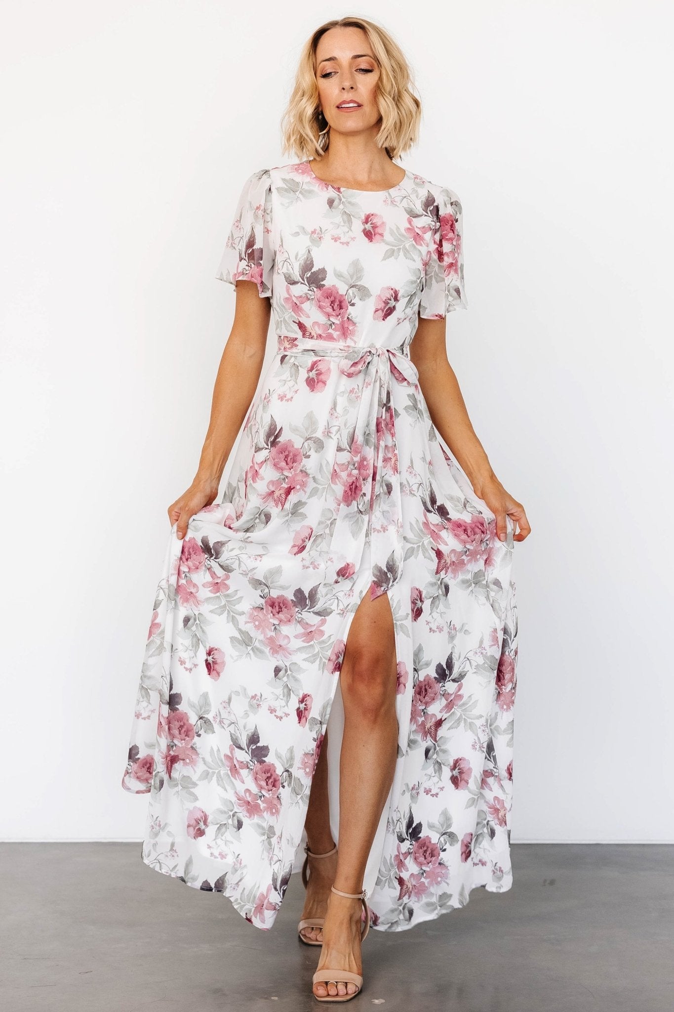 Naomi Short Sleeve Maxi Dress | Off White + Rose Floral - Baltic Born