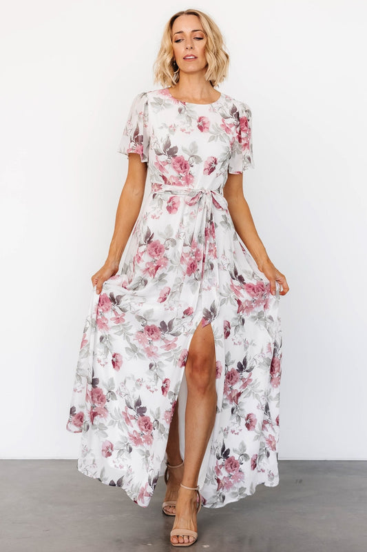 Naomi Short Sleeve Maxi Dress | Off White + Rose Floral - Baltic Born