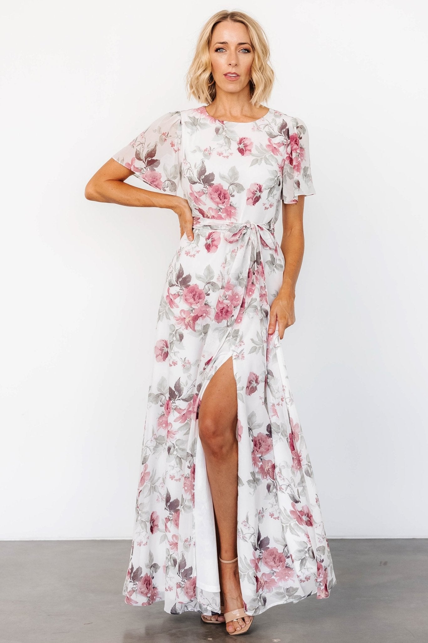 Naomi Short Sleeve Maxi Dress | Off White + Rose Floral - Baltic Born