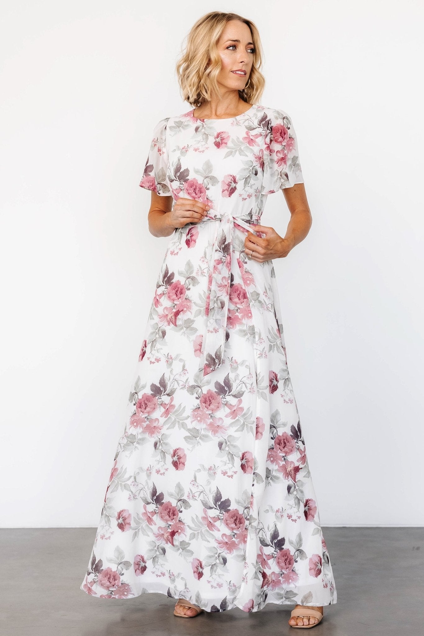 Naomi Short Sleeve Maxi Dress | Off White + Rose Floral - Baltic Born