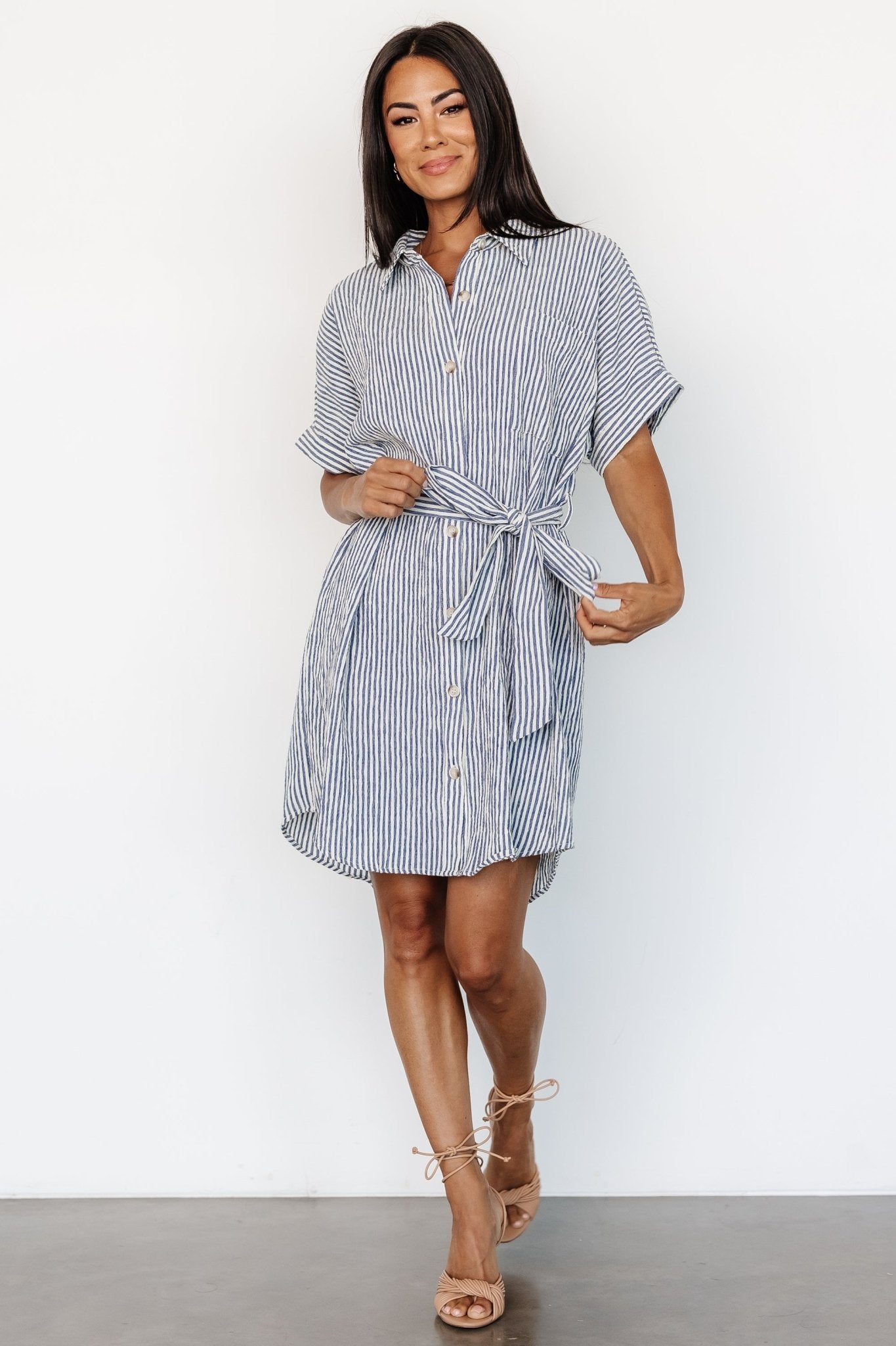 A La Plage Navy Blue discount Pin Stripe Belted Shirt Dress