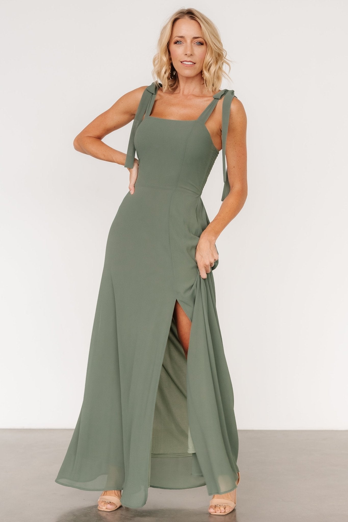 Necia Tie Shoulder Maxi Dress | Dark Sage - Baltic Born