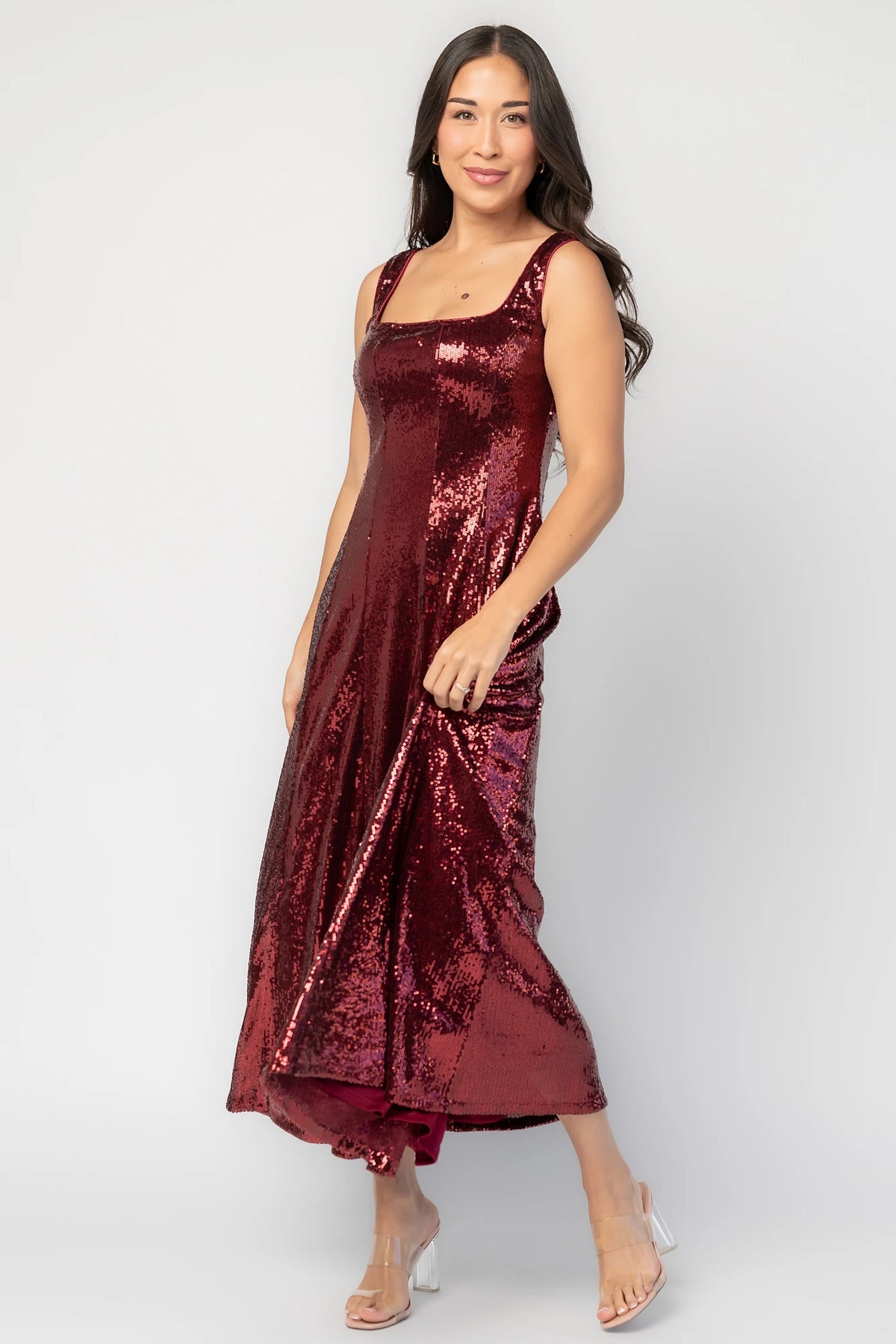 Nell Sequin Dress in Wine with allover shimmering sequins, square neckline, tank sleeves, and structured silhouette.