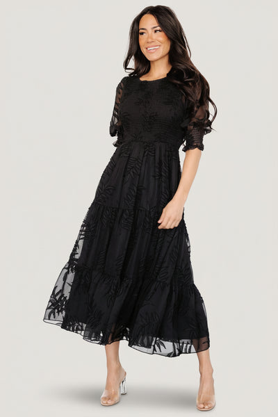 Nellie Smocked Midi Dress Black Chiffon Midi | Baltic Born M Nellie Smocked Midi Dress Black Chiffon Midi | Baltic Born M
