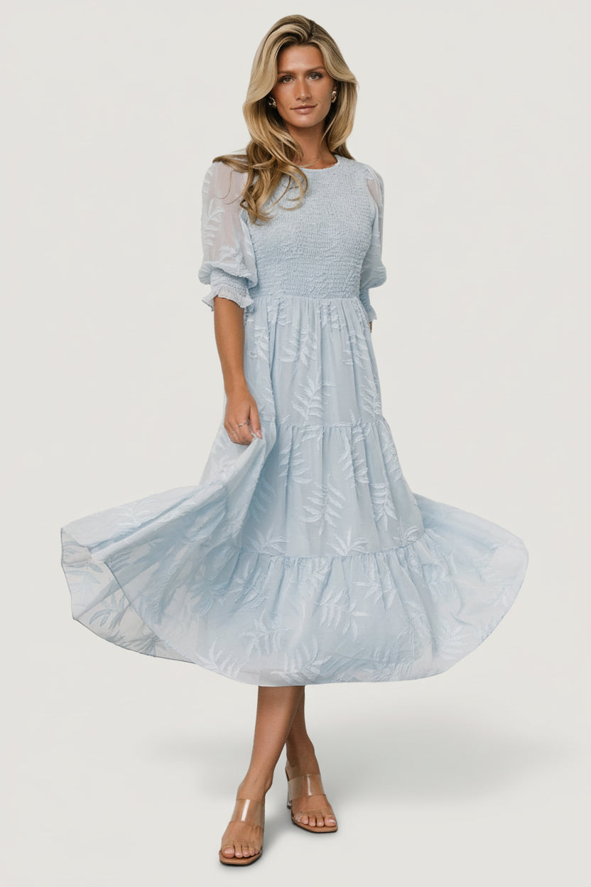Nellie Smocked Midi Dress — Light Blue Chiffon