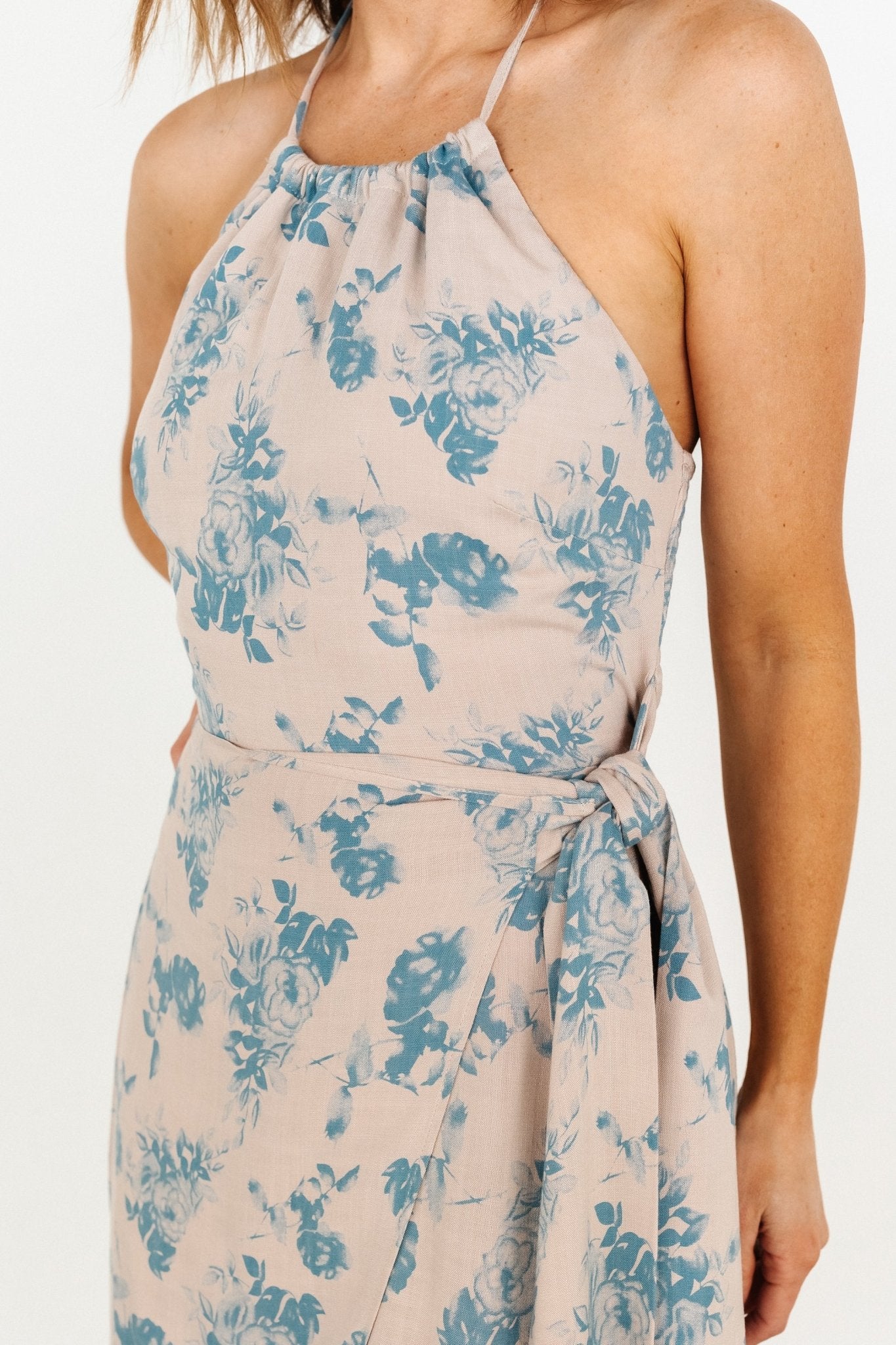 Nicole Faux Wrap Midi Dress | Natural + Blue - Baltic Born