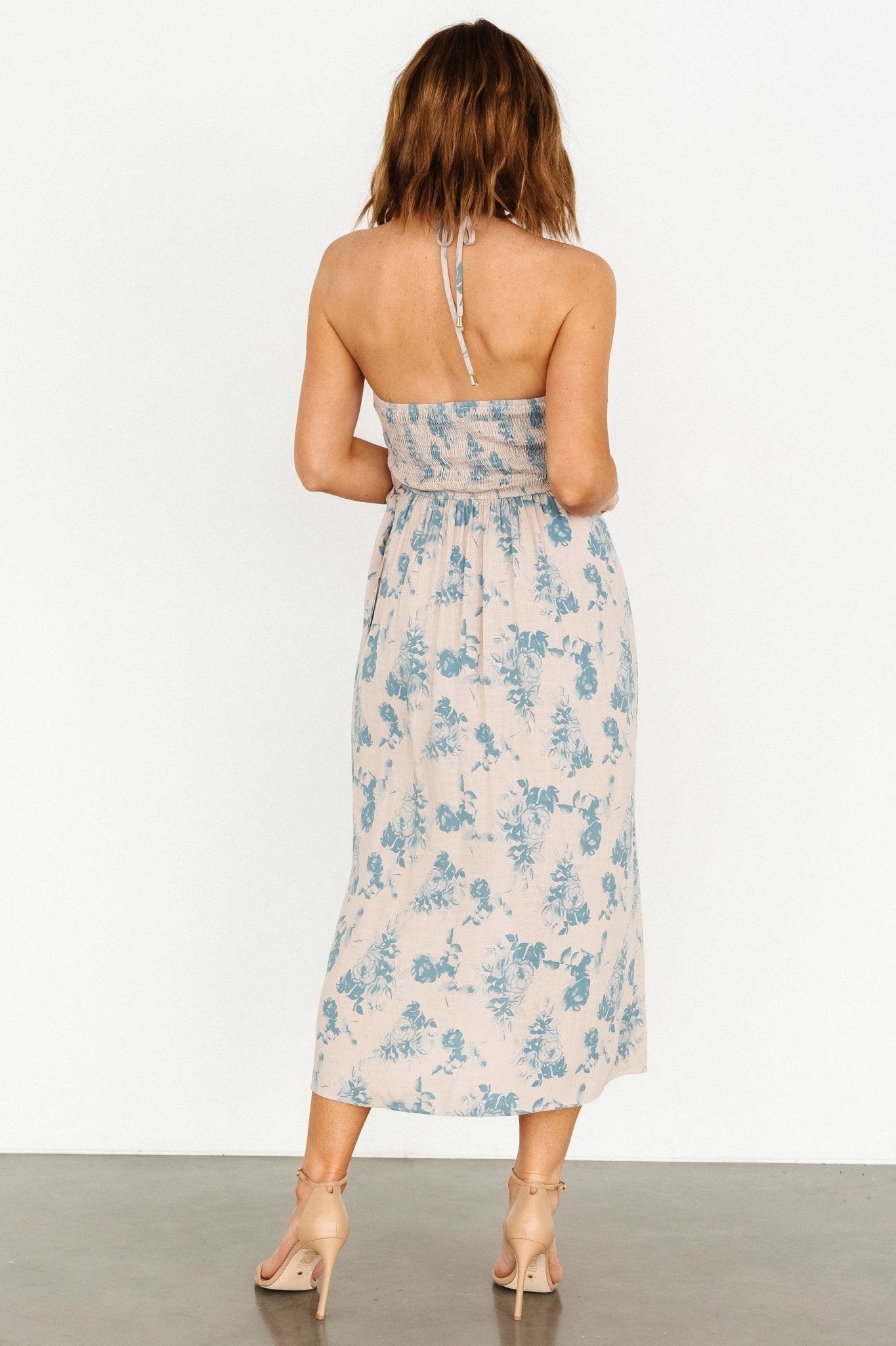 Nicole Faux Wrap Midi Dress | Natural + Blue - Baltic Born