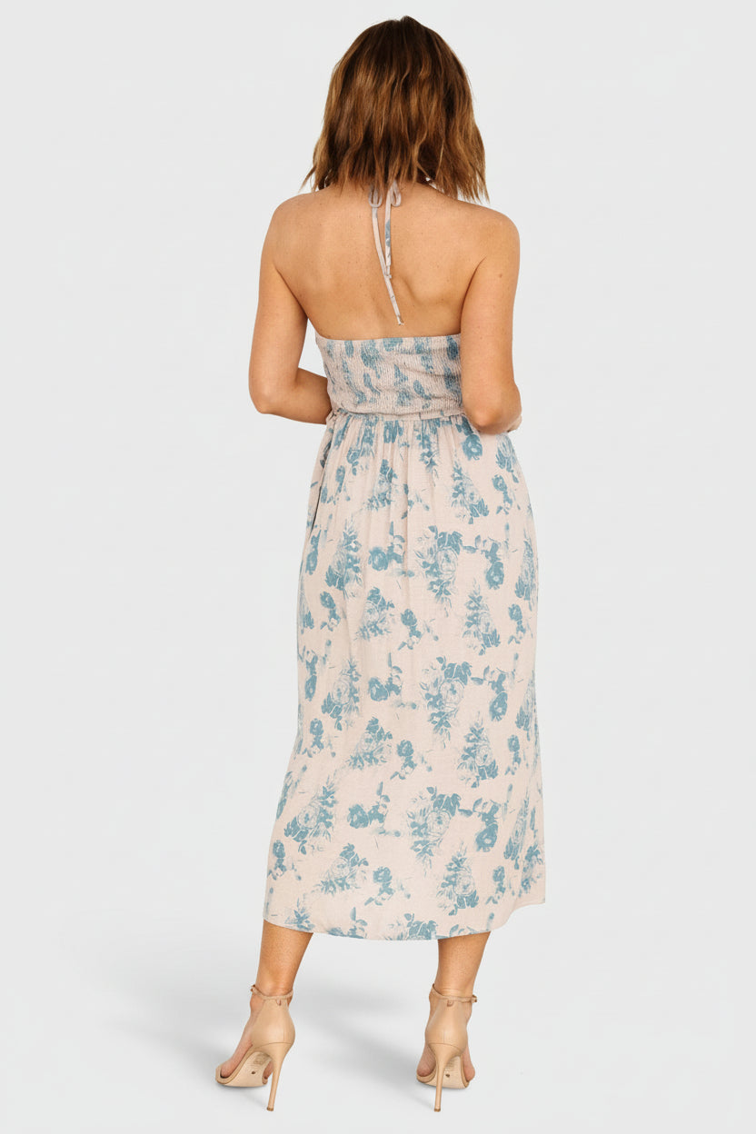 Baltic Born Womens Nicole Faux Wrap Midi Dress | Natural + Blue | Size: XL Baltic Born Womens Nicole Faux Wrap Midi Dress | Natural + Blue | Size: XL