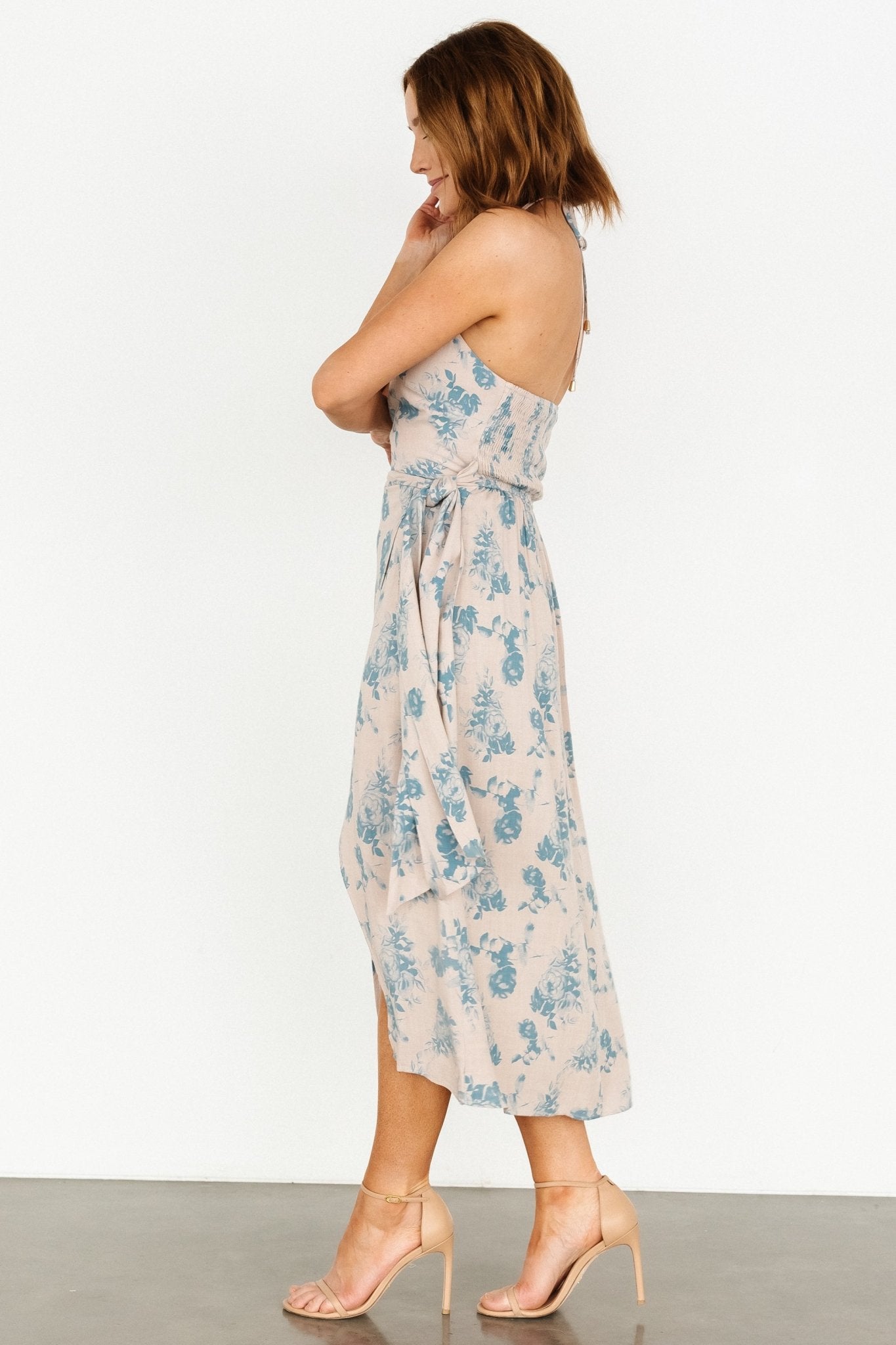 Nicole Faux Wrap Midi Dress | Natural + Blue - Baltic Born