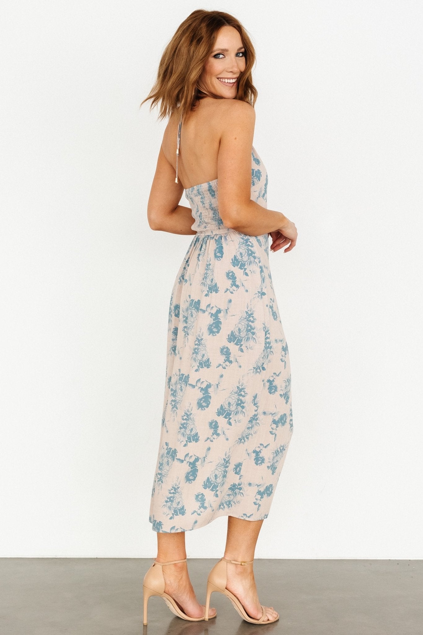 Nicole Faux Wrap Midi Dress | Natural + Blue - Baltic Born