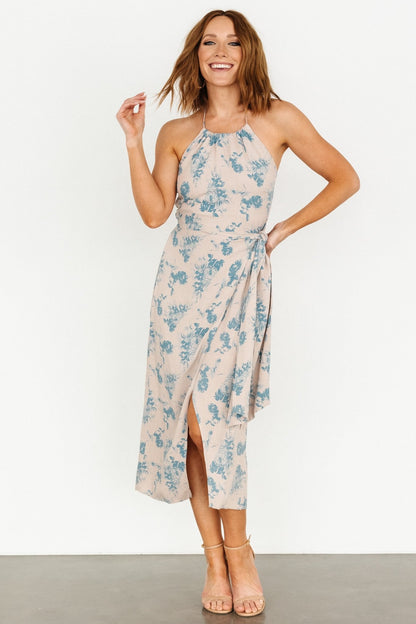 Nicole Faux Wrap Midi Dress | Natural + Blue - Baltic Born