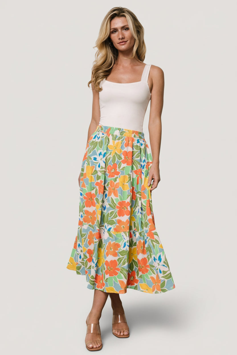 Back view of floral midi skirt with smocked waistband and a flattering drape, highlighting the flowy silhouette.