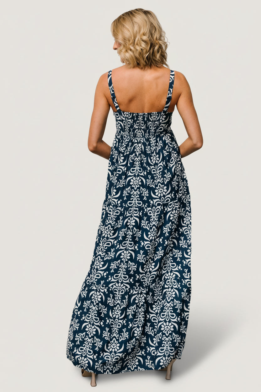 Close-up of square neckline and adjustable tank straps with paneled front bodice detail, showing texture of lightweight non-stretch fabric.