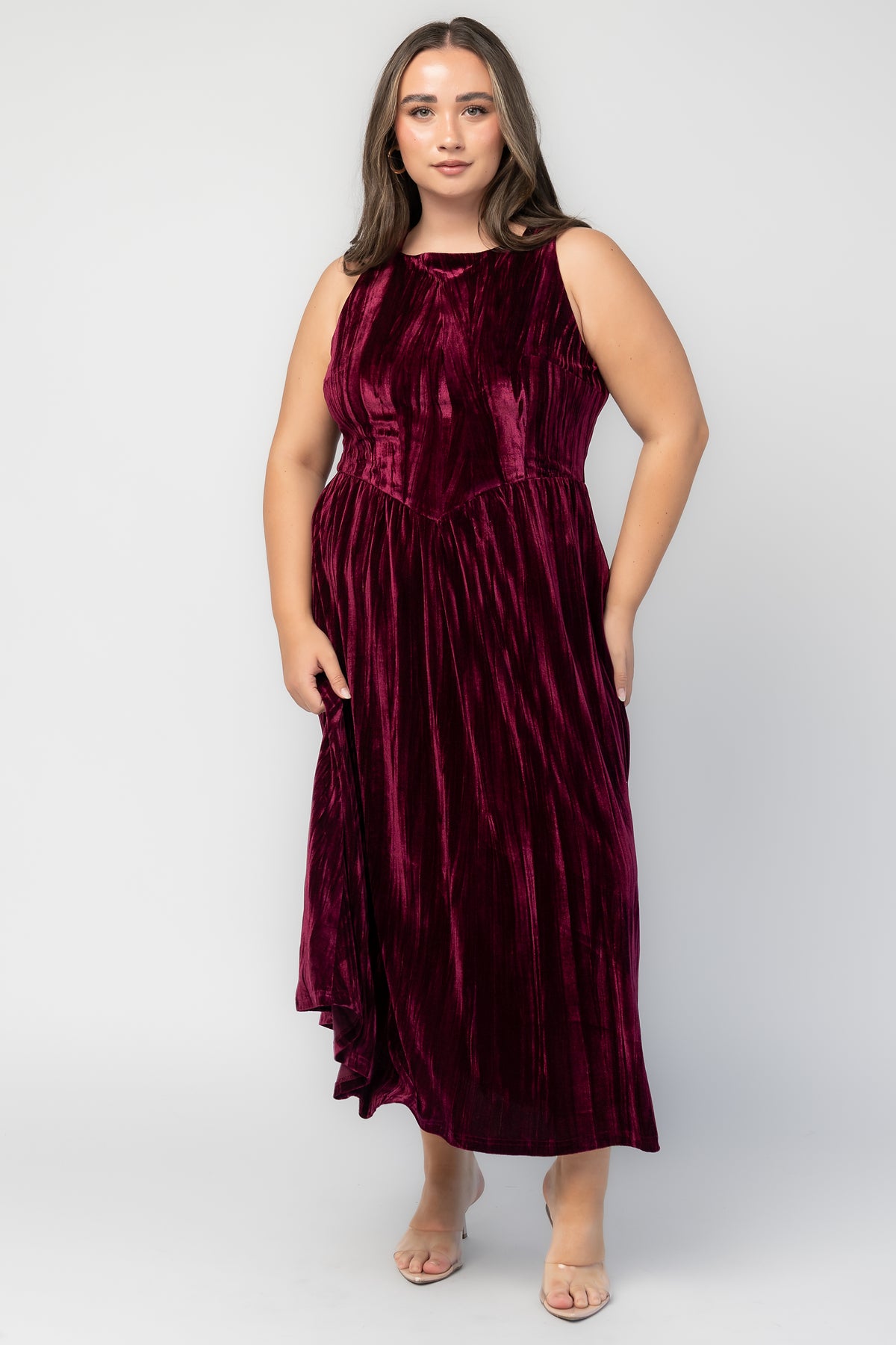Octavia Velvet Midi Dress in Cranberry with crinkled velvet texture, square neckline, V-waistline, and flared midi skirt.