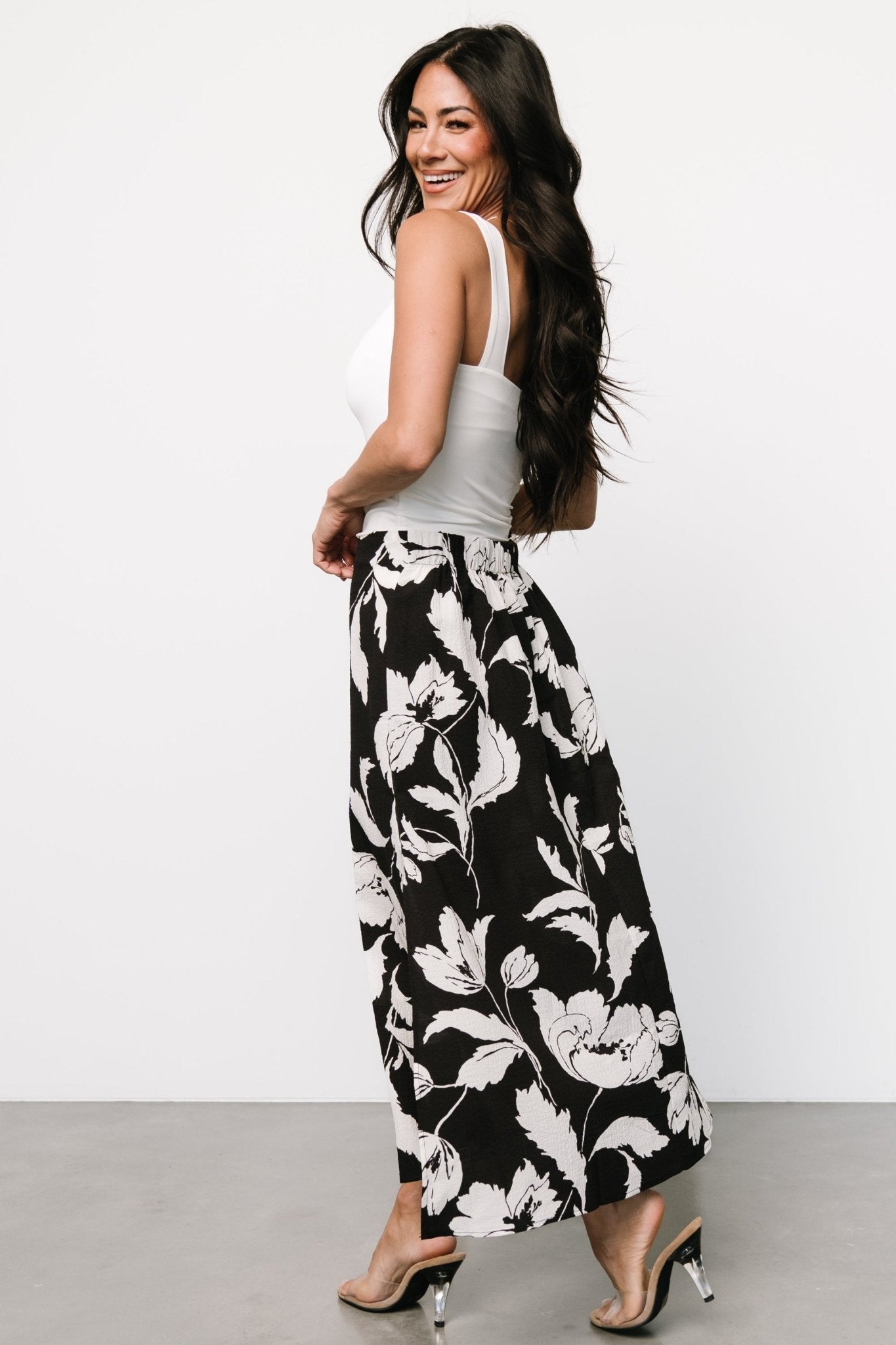 Osaka Midi Skirt | Black + White Floral - Baltic Born