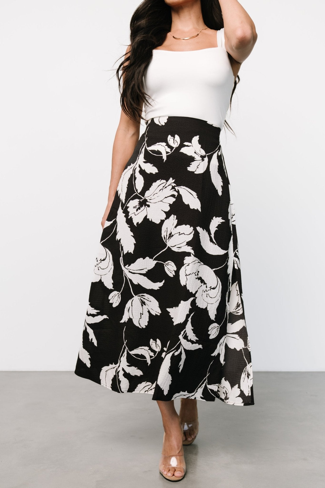 Osaka Midi Skirt | Black + White Floral - Baltic Born