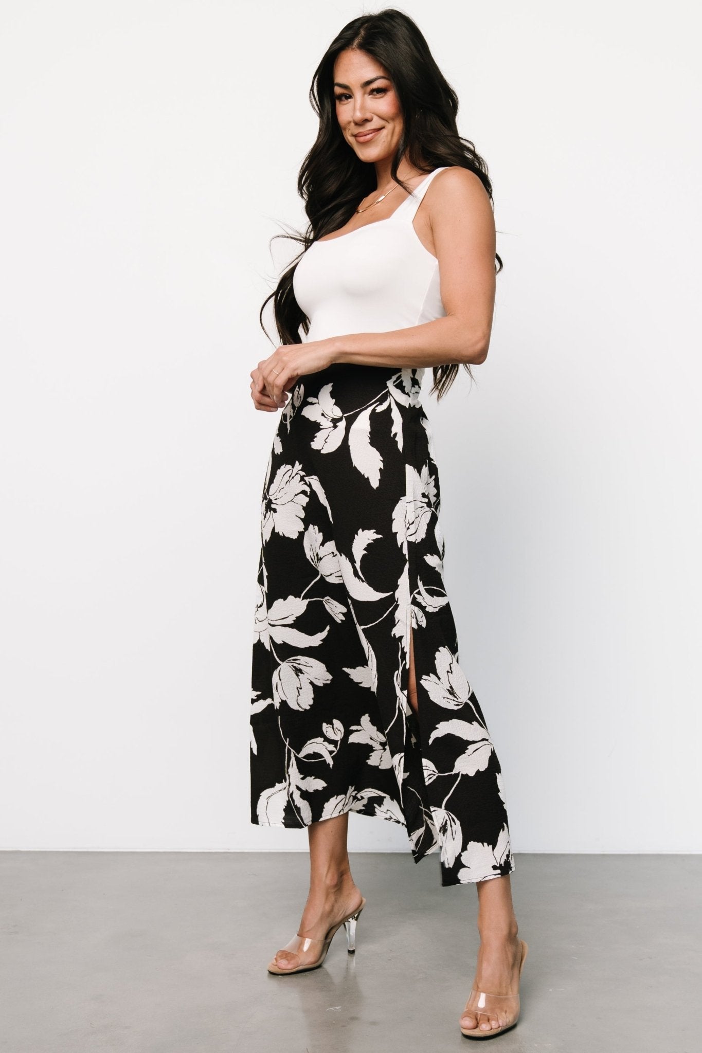 Osaka Midi Skirt | Black + White Floral - Baltic Born