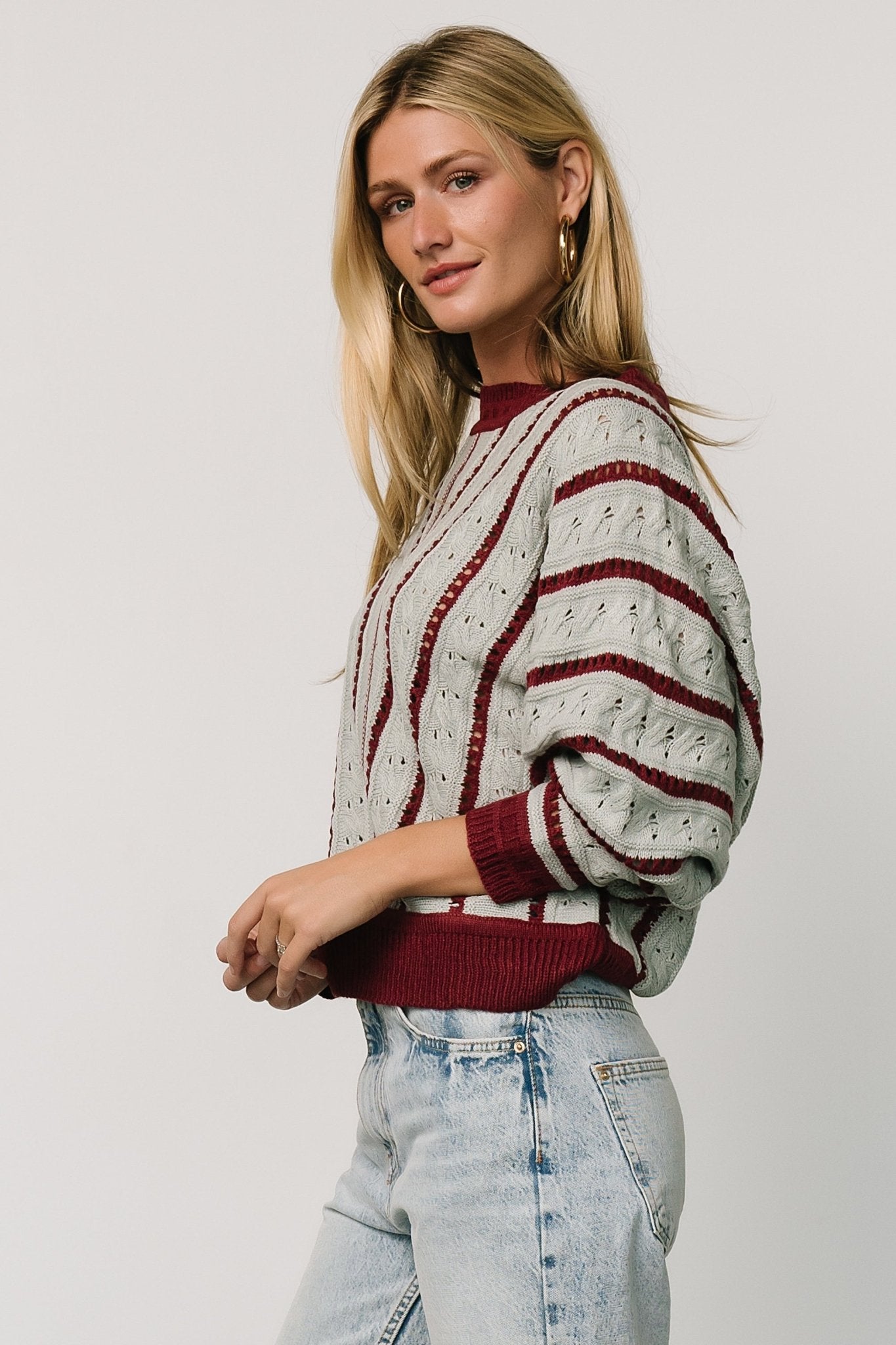 Paola Pointelle Sweater | Light Blue + Burgundy - Baltic Born