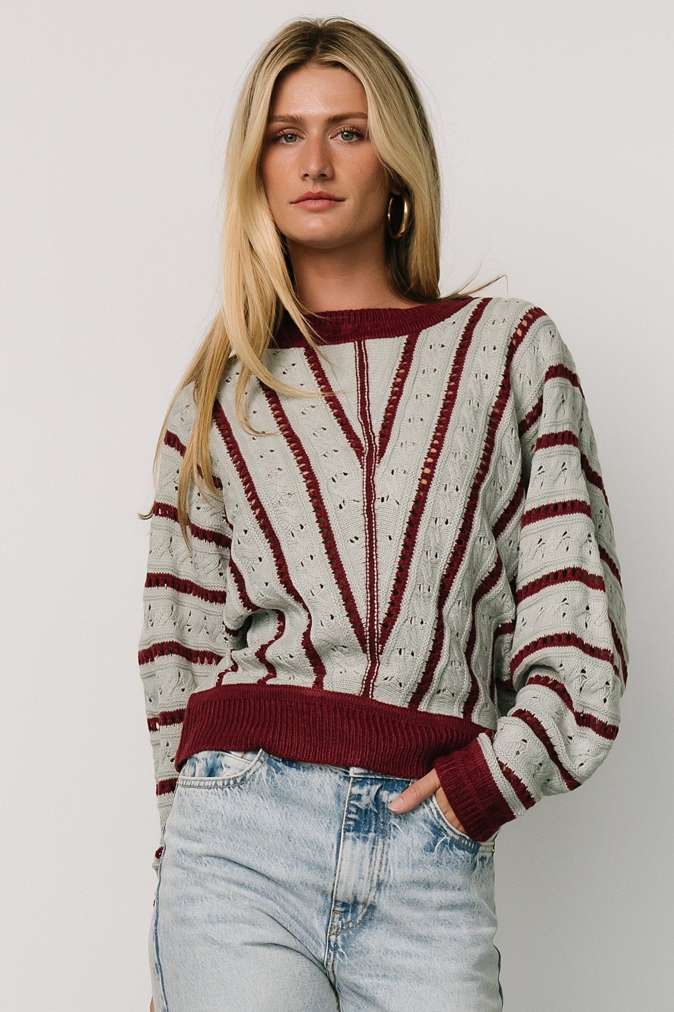 Paola Pointelle Sweater | Light Blue + Burgundy - Baltic Born