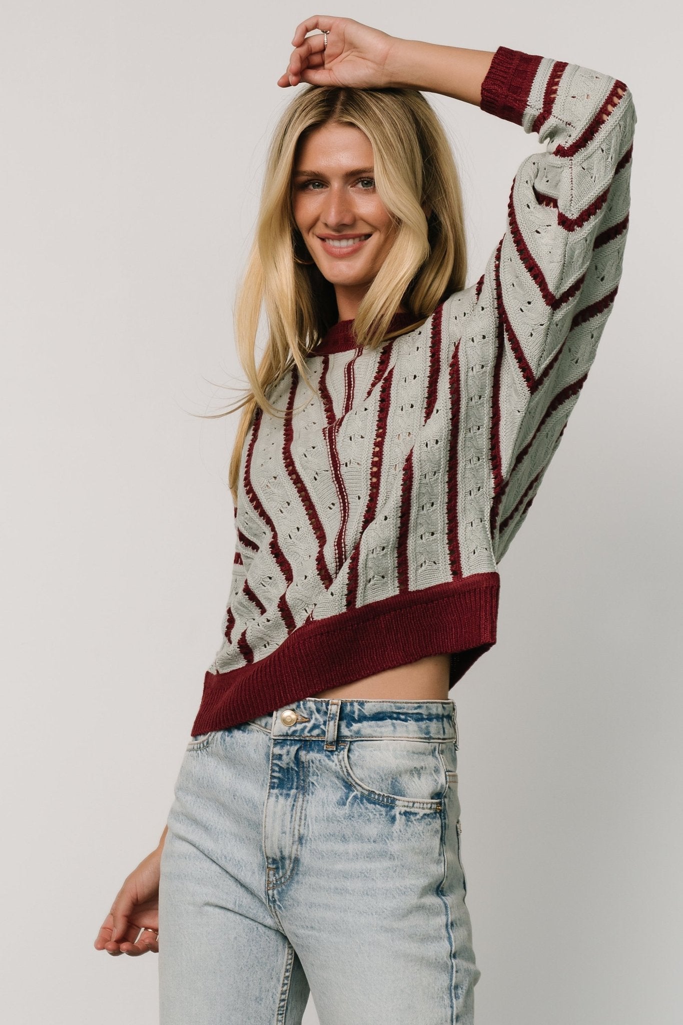 Paola Pointelle Sweater | Light Blue + Burgundy - Baltic Born