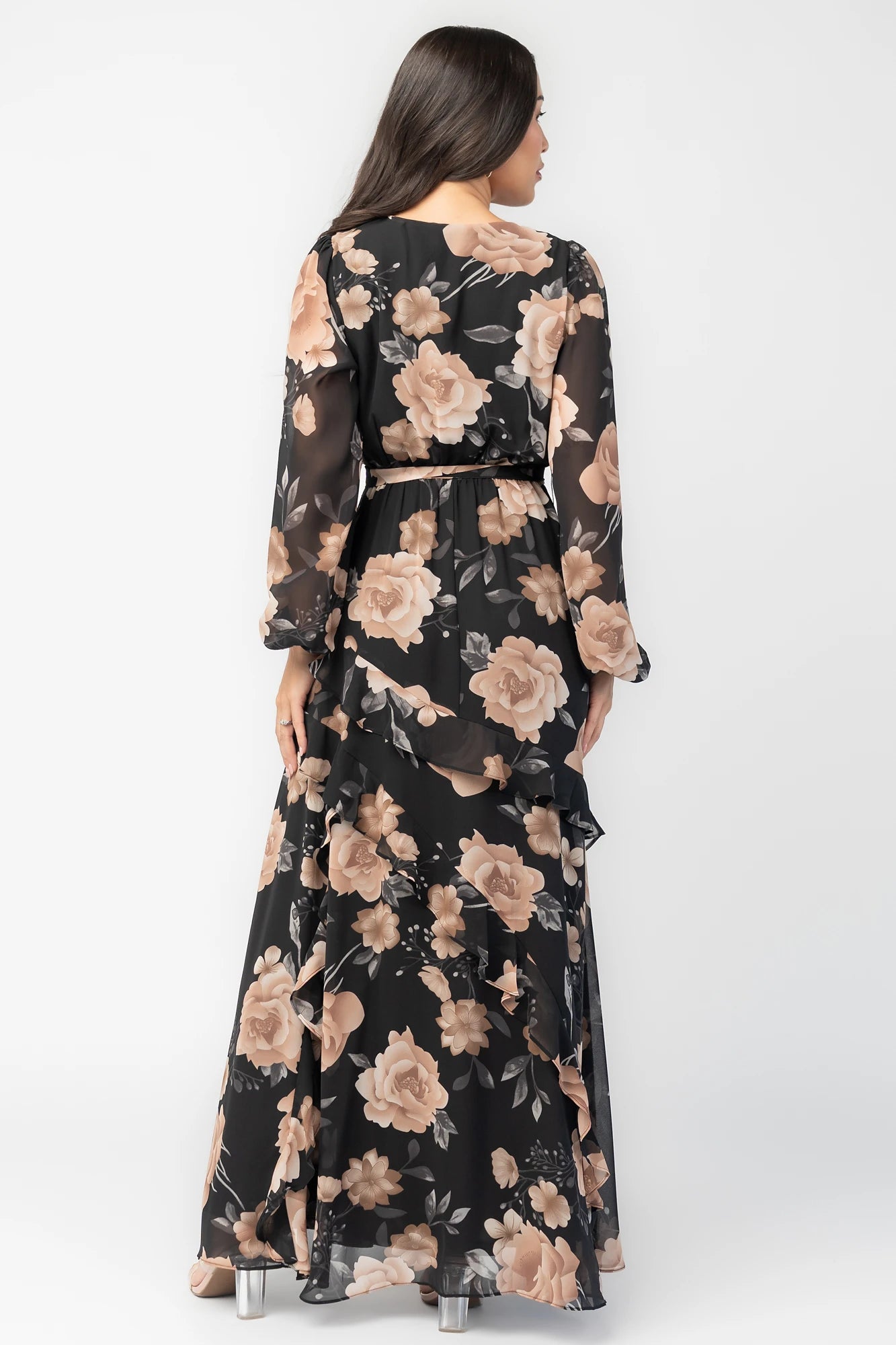 Phaedra Maxi Dress in Black + Taupe Floral with surplice V-neck, long sleeves, sash waist, and tiered skirt.