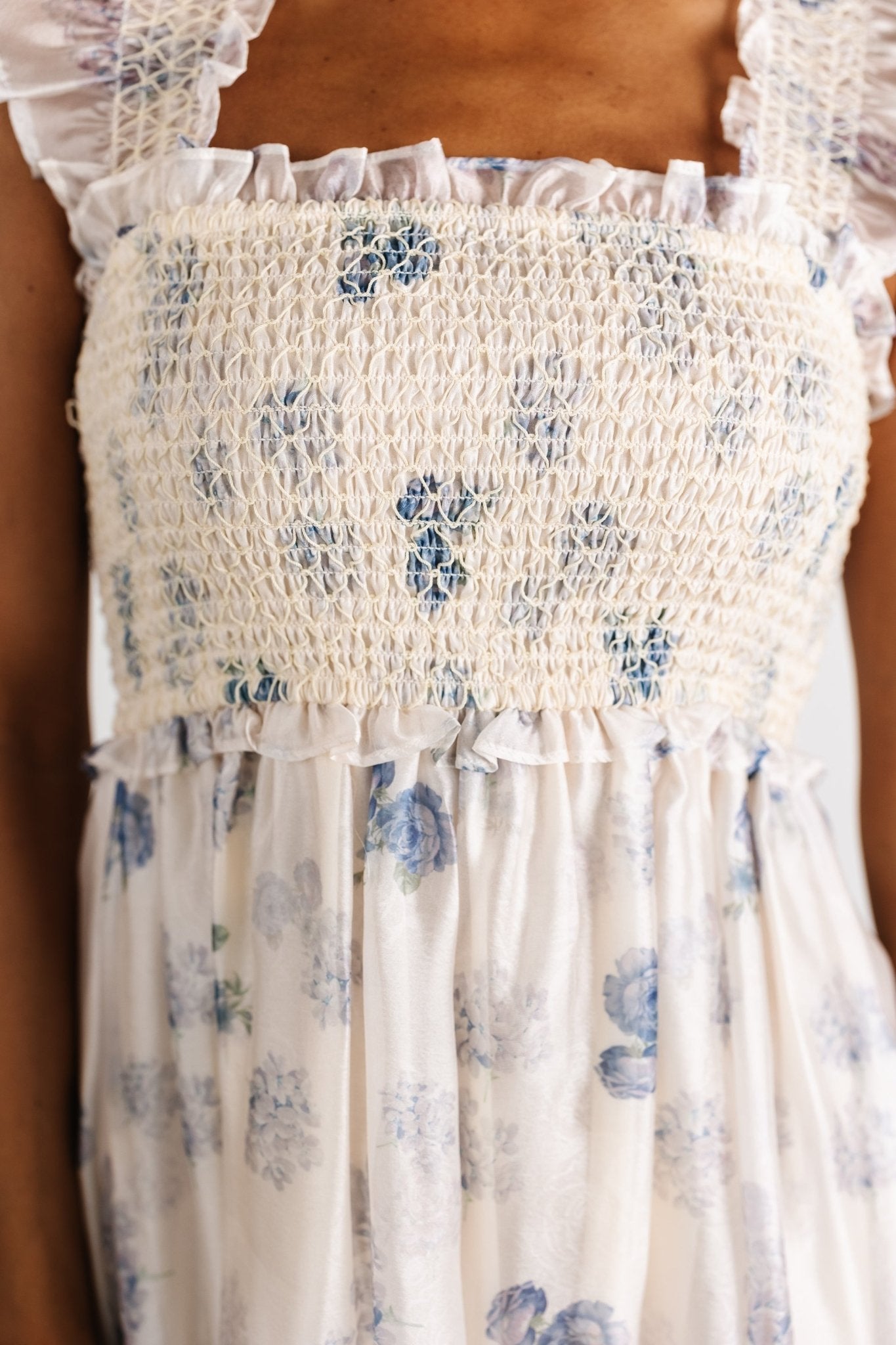 Baltic Born Womens Phoebe Midi Dress | Cream + Blue Floral