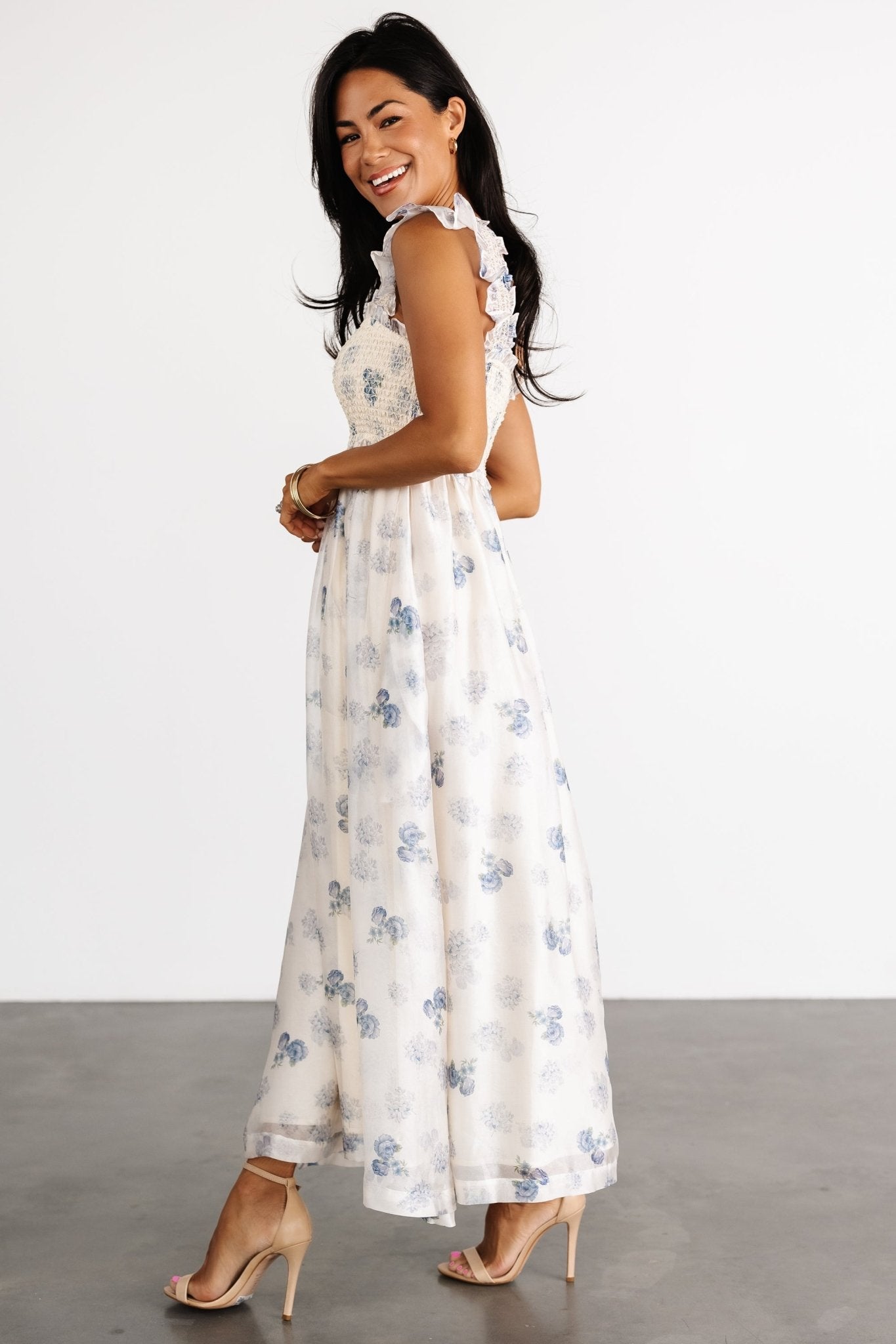 Baltic Born Womens Phoebe Midi Dress | Cream + Blue Floral | Size: Large Baltic Born Womens Phoebe Midi Dress | Cream + Blue Floral | Size: Large
