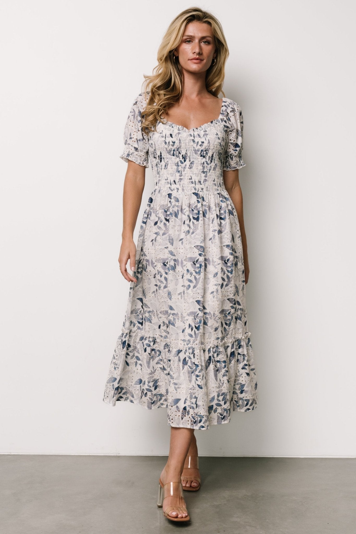 Piper Eyelet Midi Dress | Off White + Blue Floral - Baltic Born