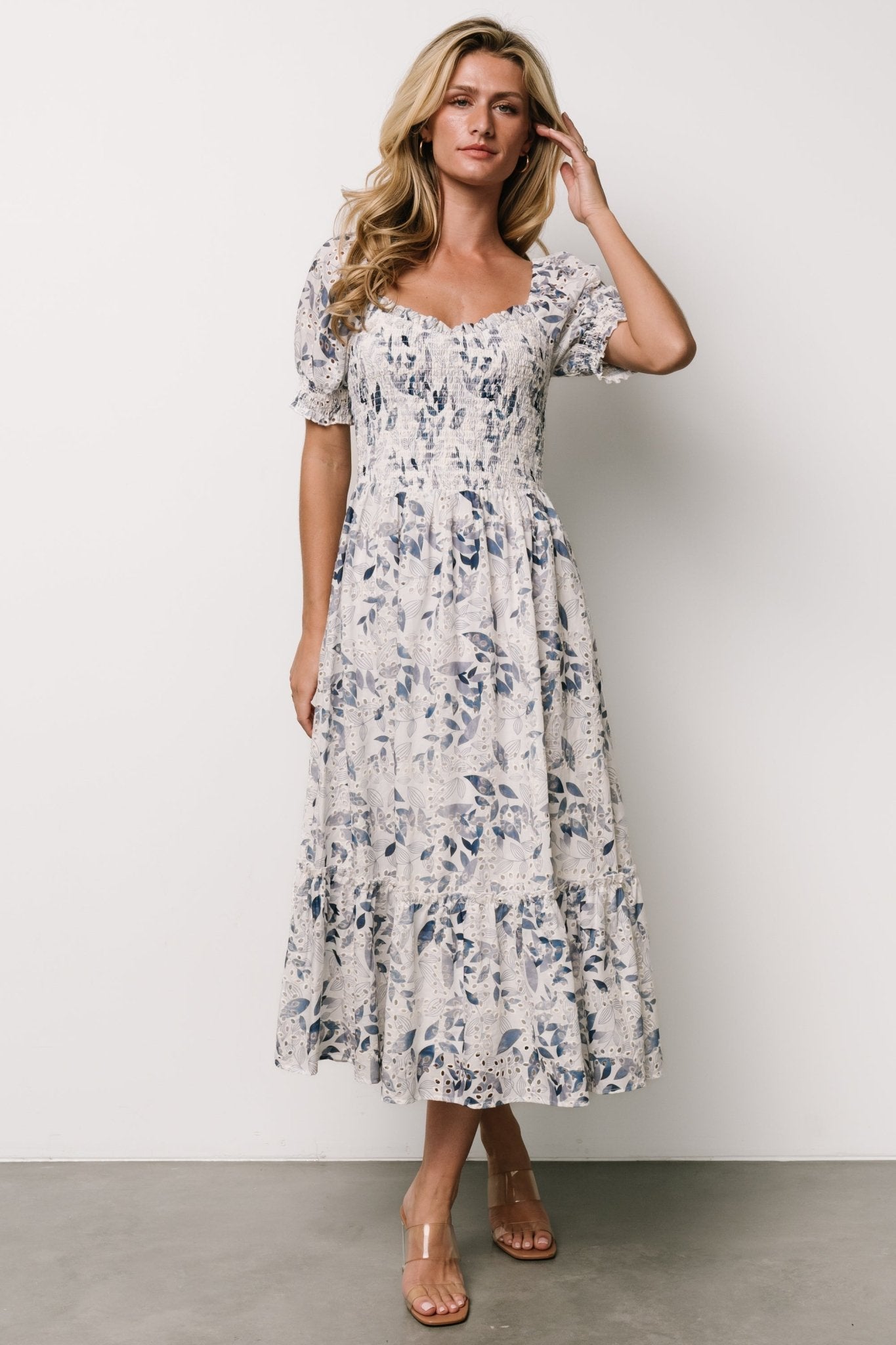 Piper Eyelet Midi Dress | Off White + Blue Floral - Baltic Born