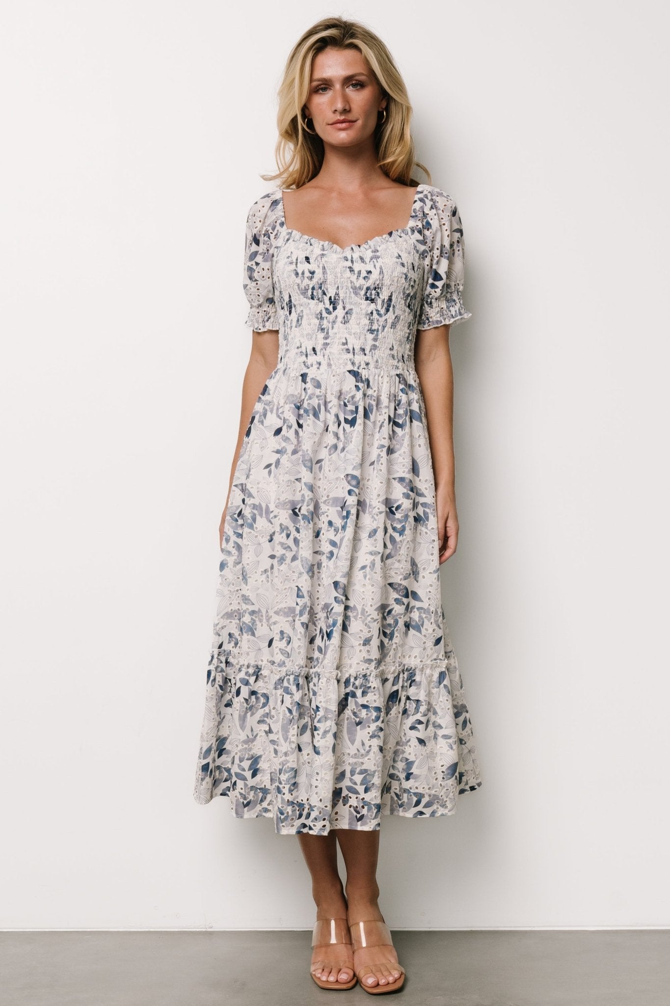 Piper Eyelet Midi Dress | Off White + Blue Floral - Baltic Born