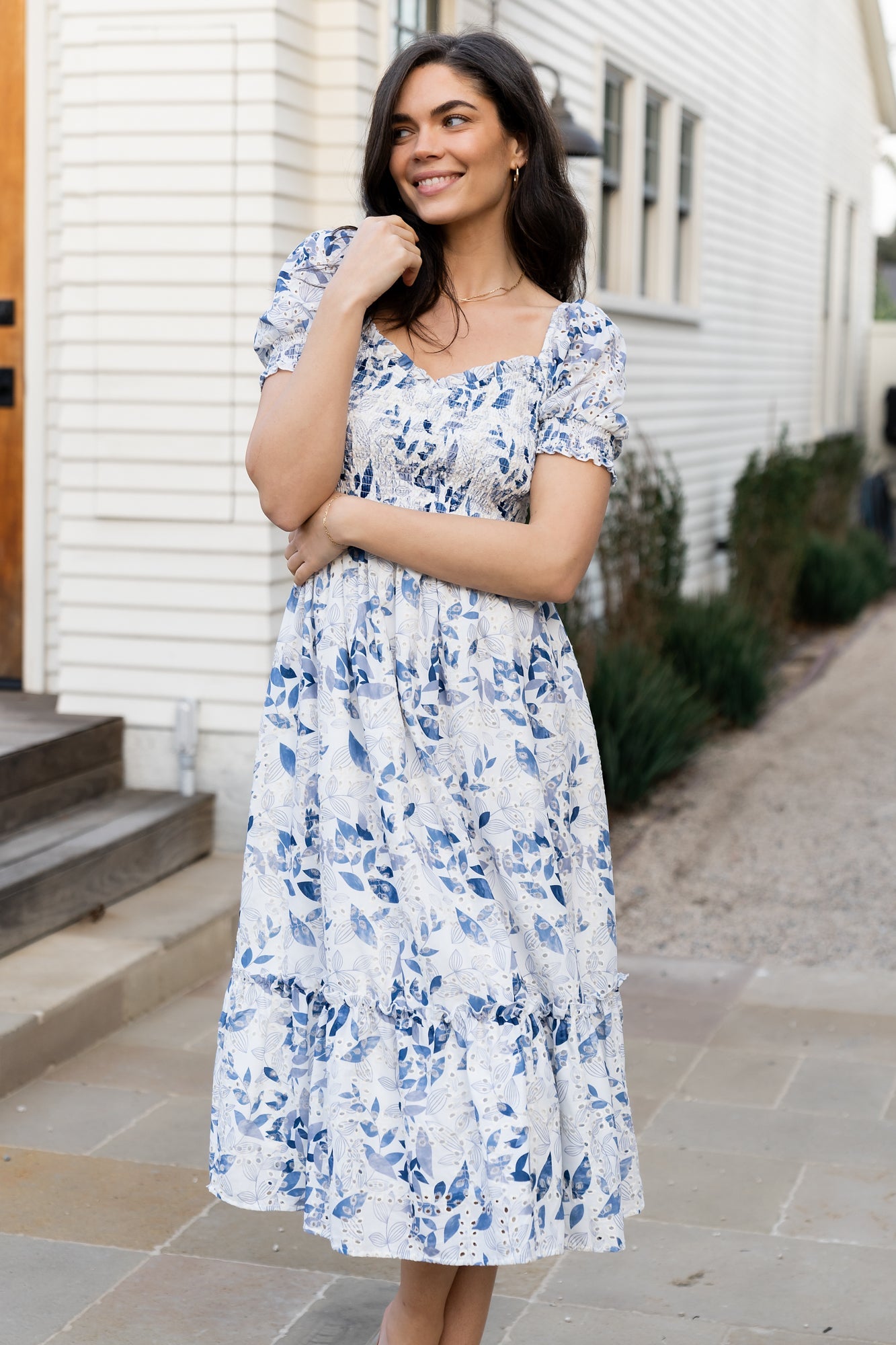 Baltic Born Womens Piper Eyelet Midi Dress | Off White + Blue Floral