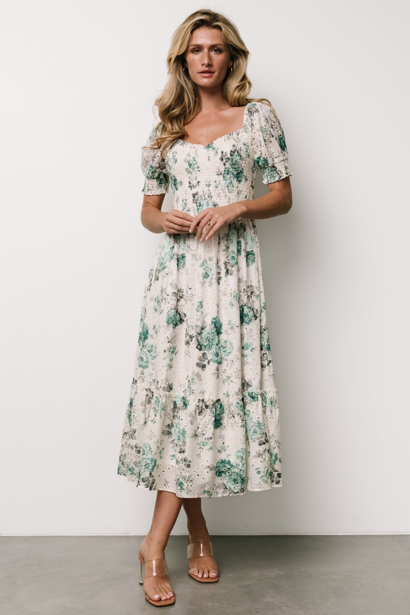 Piper Eyelet Midi Dress | Off White + Green Floral - Baltic Born