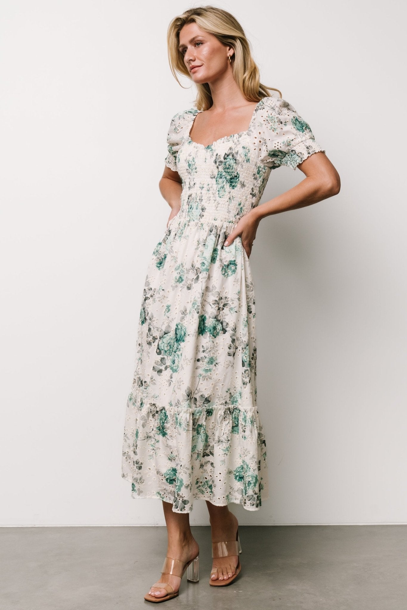 Piper Eyelet Midi Dress | Off White + Green Floral - Baltic Born