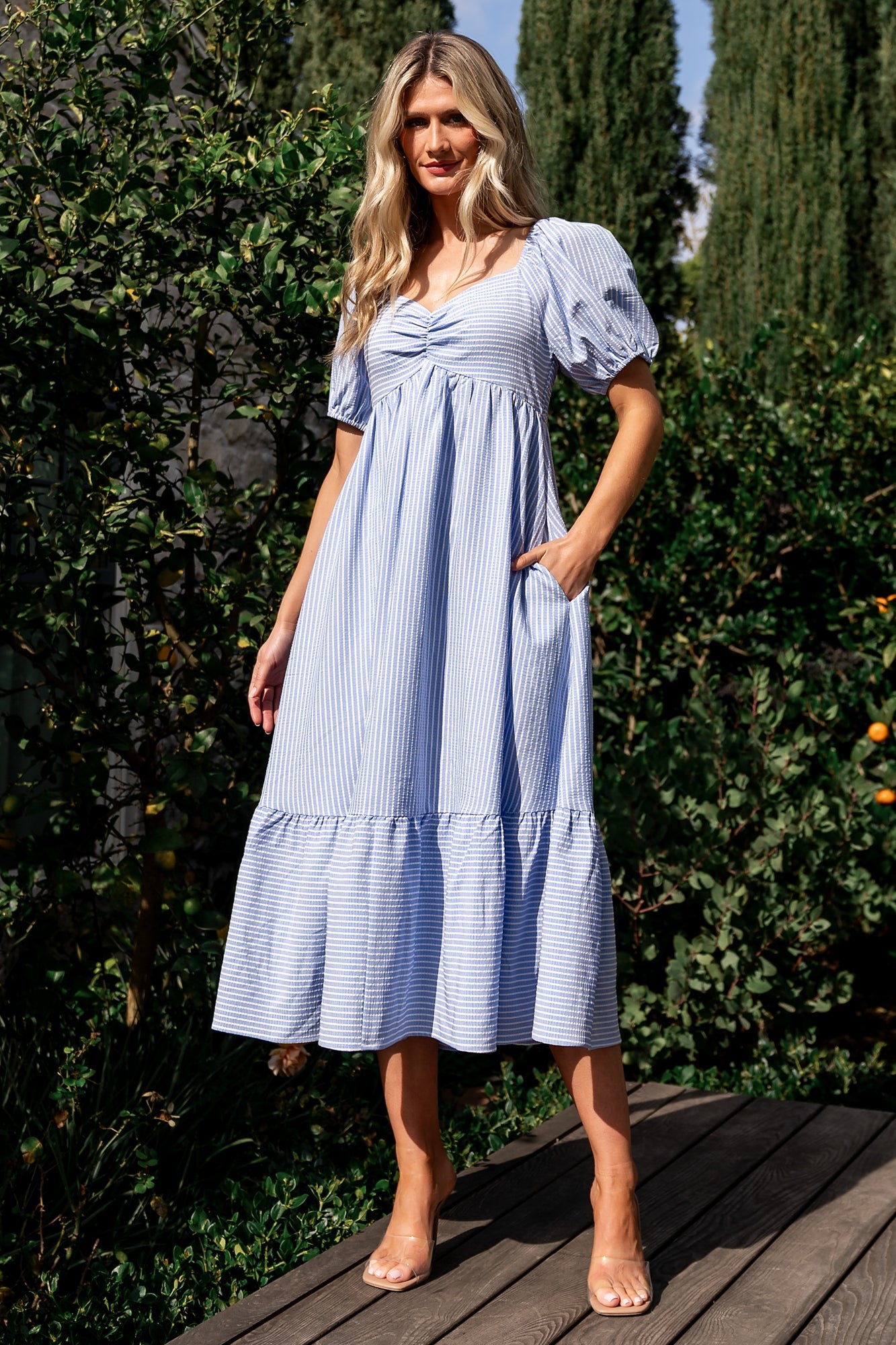 Baltic Born Womens Poppy Midi Dress | Blue + Off White