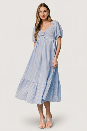 Baltic Born Womens Poppy Midi Dress | Blue + Off White Baltic Born Womens Poppy Midi Dress | Blue + Off White