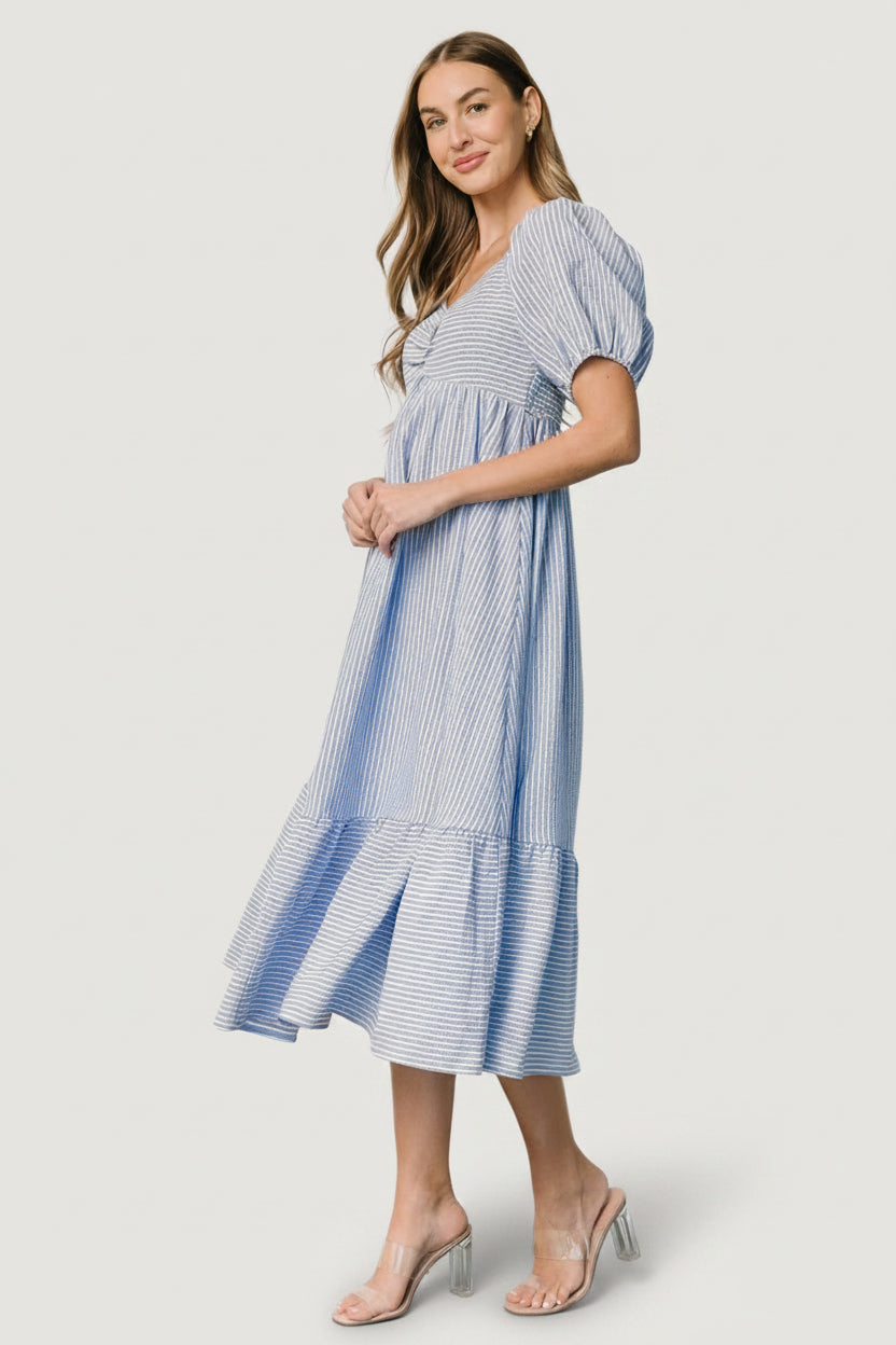 Back view of Poppy Midi Dress highlighting the smocked back bodice, elastic shoulder detail, and the top of the tiered midi skirt.
