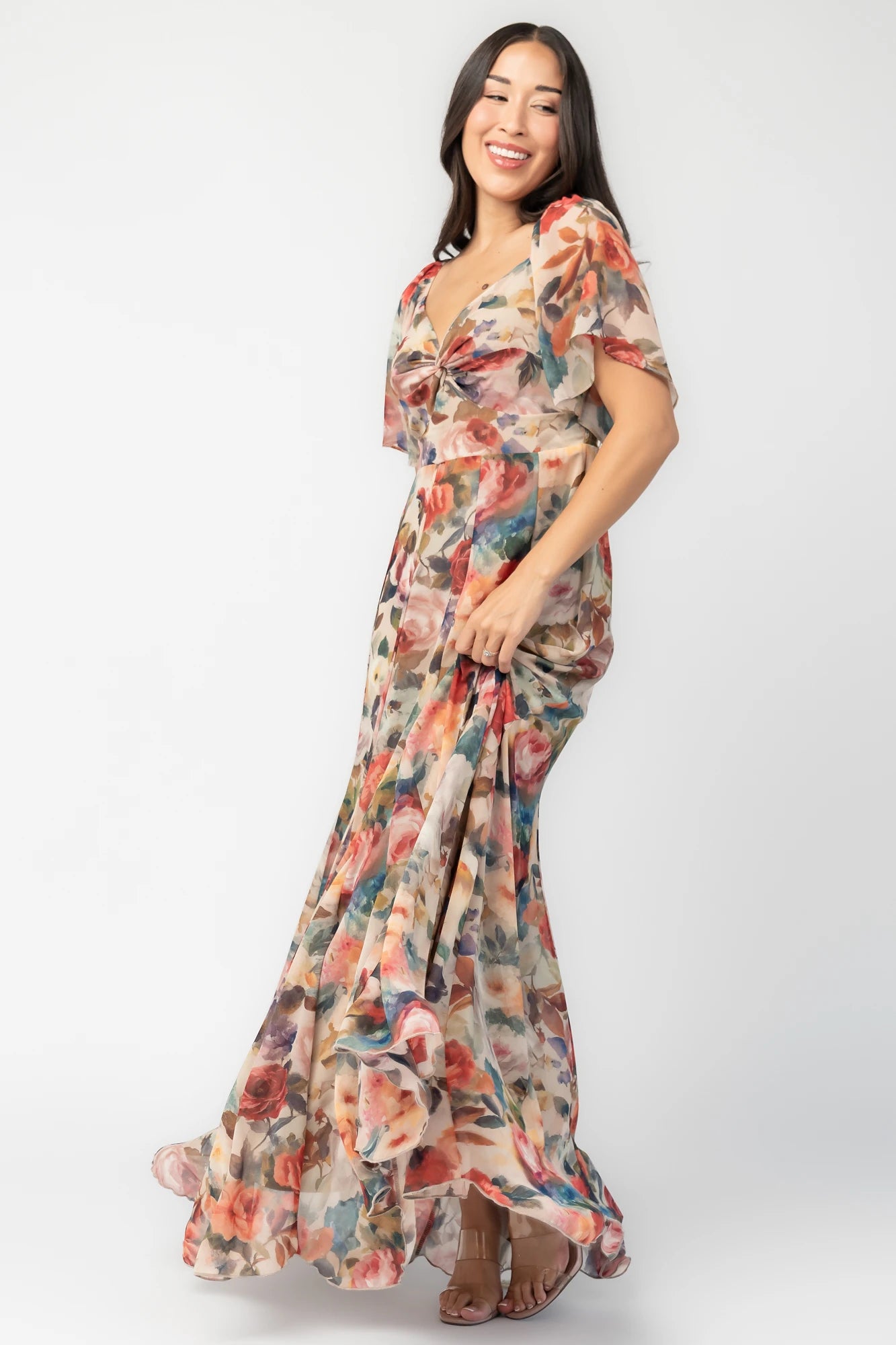 Positano Maxi Dress in Rose Multi Floral with sweetheart knot neckline and flutter sleeves.