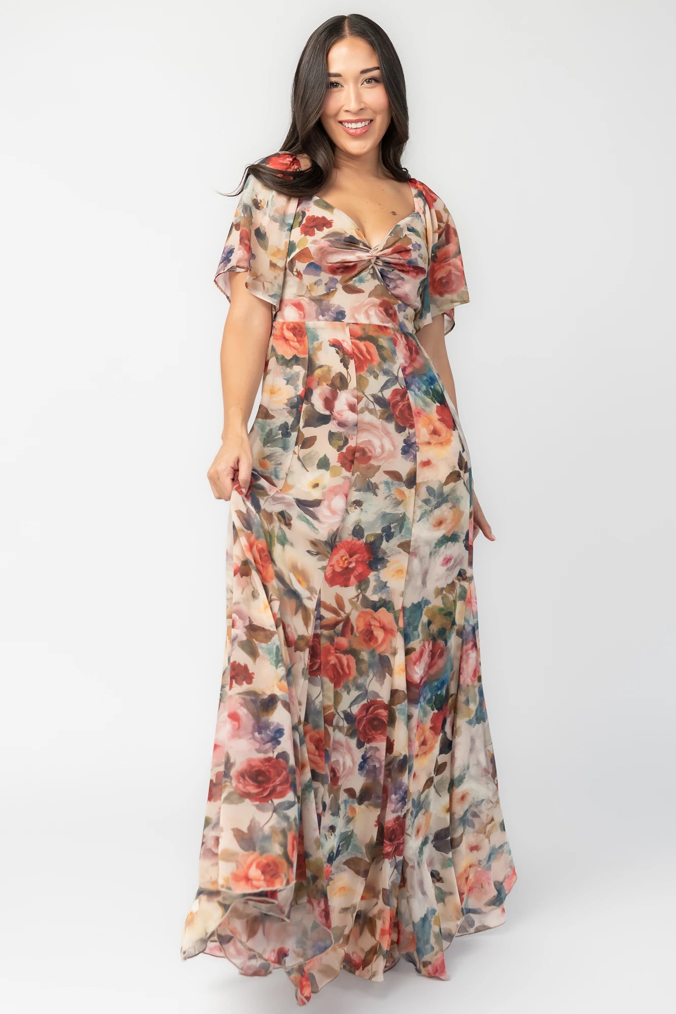 Positano Maxi Dress in Rose Multi Floral with sweetheart knot neckline and flutter sleeves.