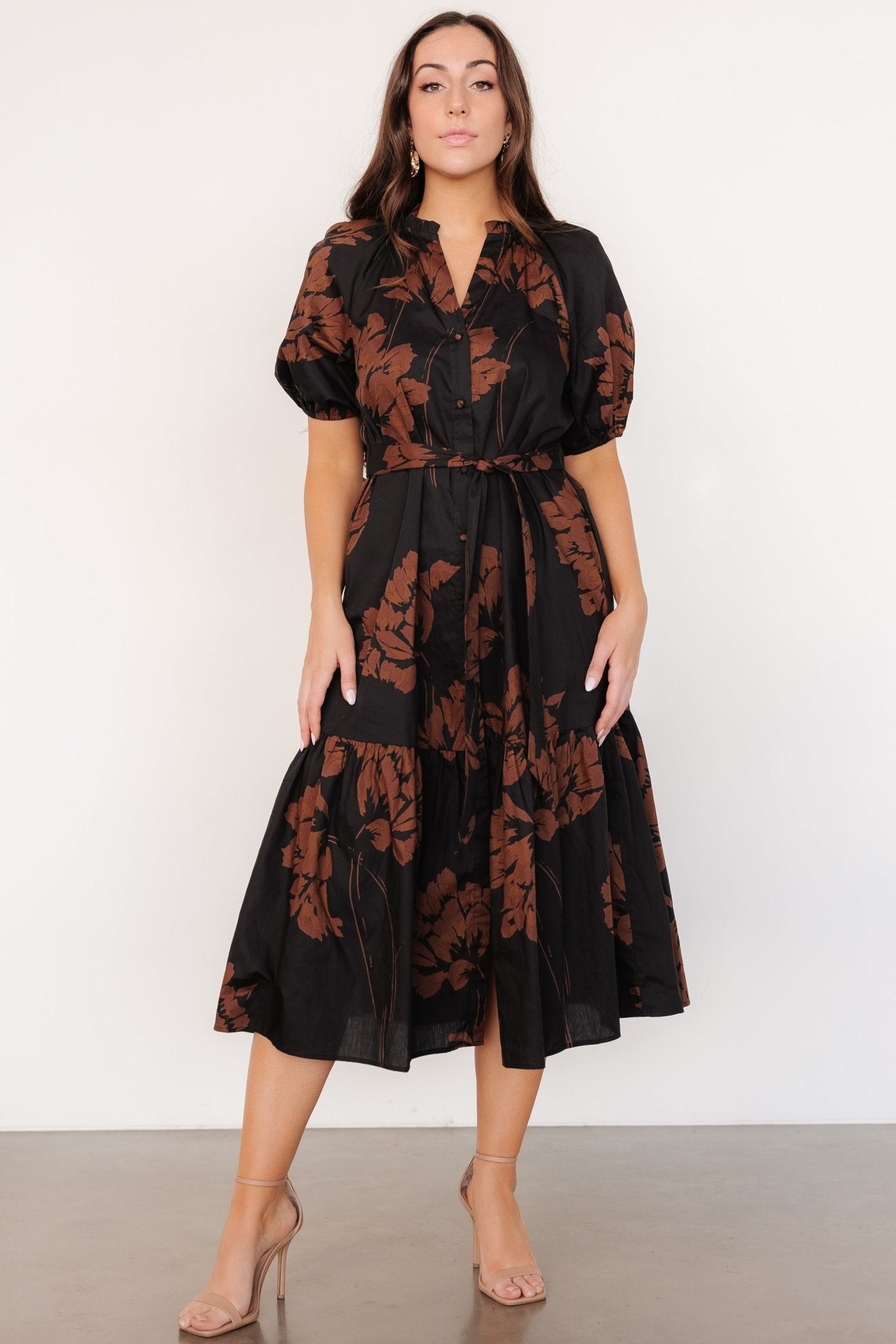 Prescott Midi Dress | Black + Brown Floral - Baltic Born